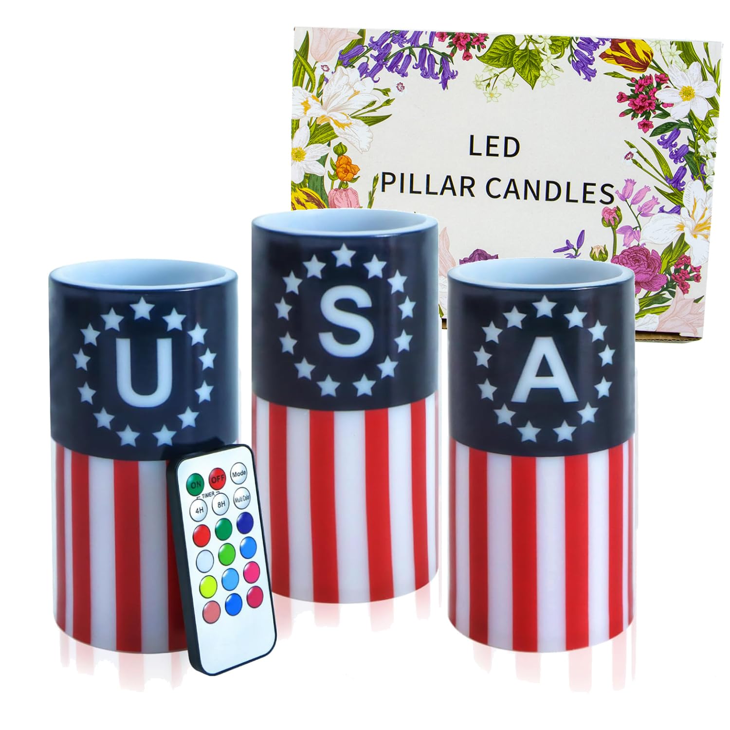 ONEIHOMM 4th of July Candles Battery Operated with Timer Remote Control, Patriotic Candles for American Independence Day Decorat
