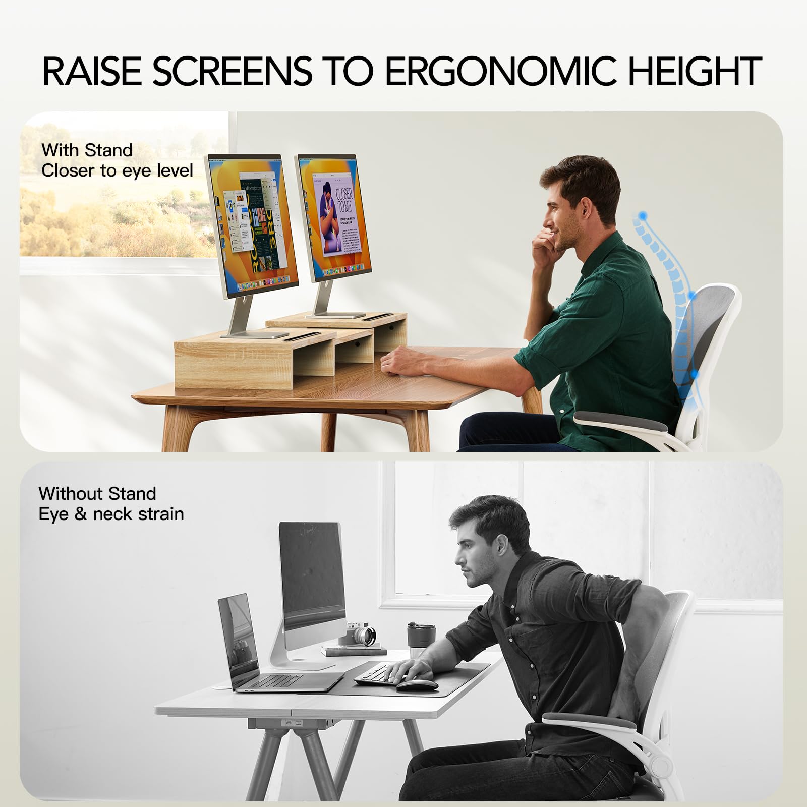 Ameriergo Dual Monitor Stand Riser  3 Shelf Screen Stand With Adjustable Length And Angle, 2 Extra Functional Slot Desktop Organ