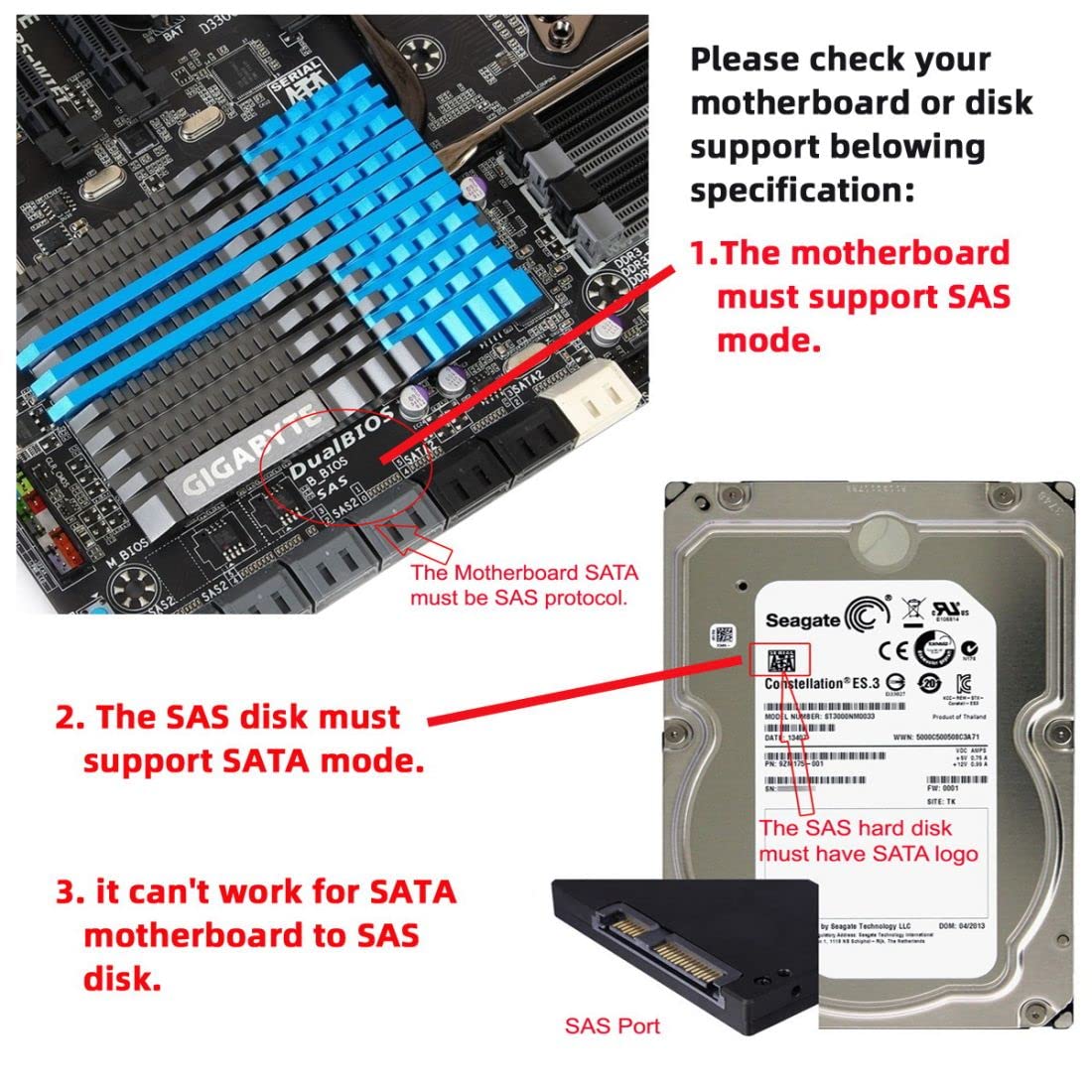 Chenyang SAS to SATA Cable SFF-8482 29Pin to 22Pin Hard Drive Raid Extension Copper 10cm