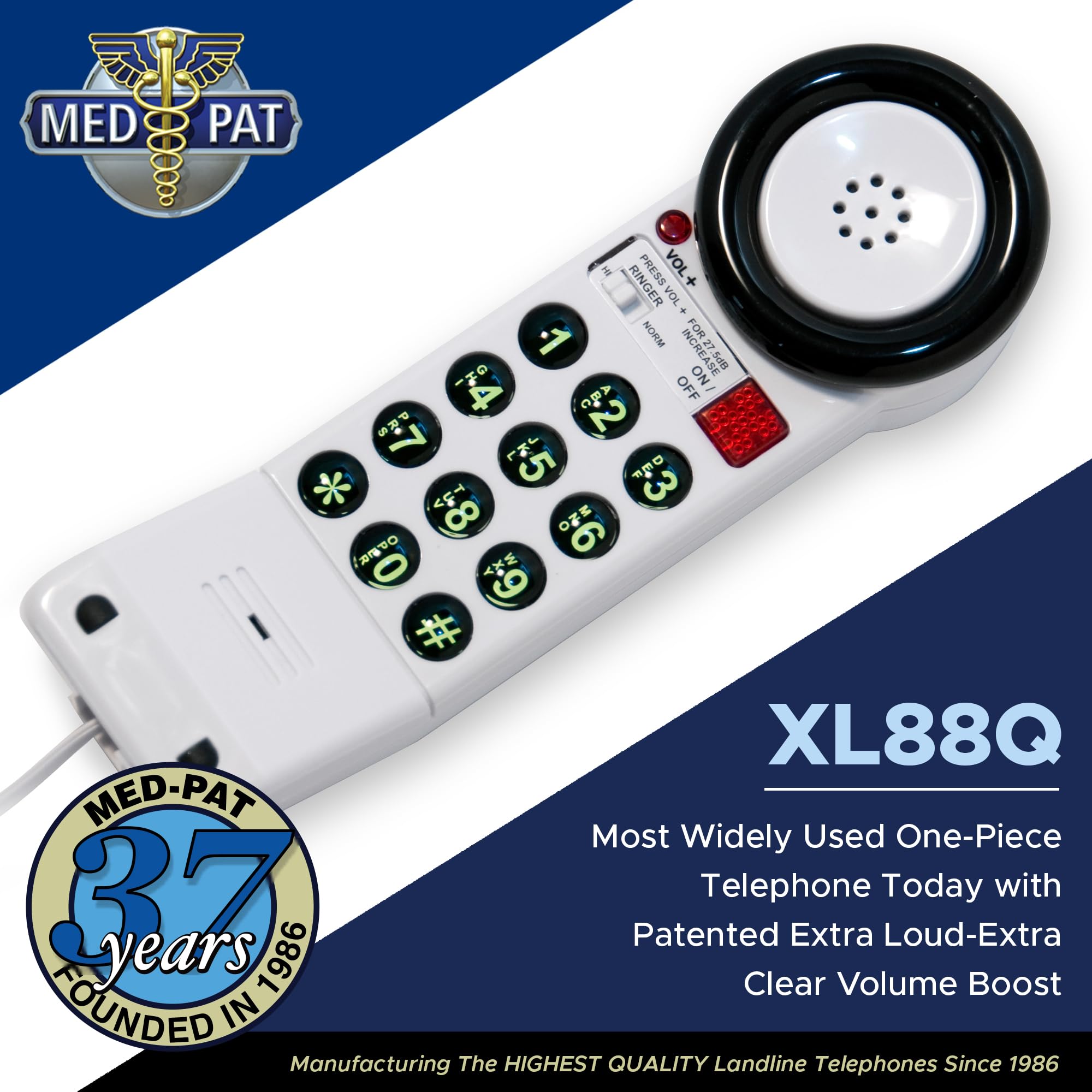 Med Pat Xl88Q   Easy To Use One Piece Telephone With Ring/In Use Light Indicator, Extra Loud Extra Clear Volume Boost, For Busy Settings, Elderly & Teenagers, Corded Landline Telephone, Pack Of 1
