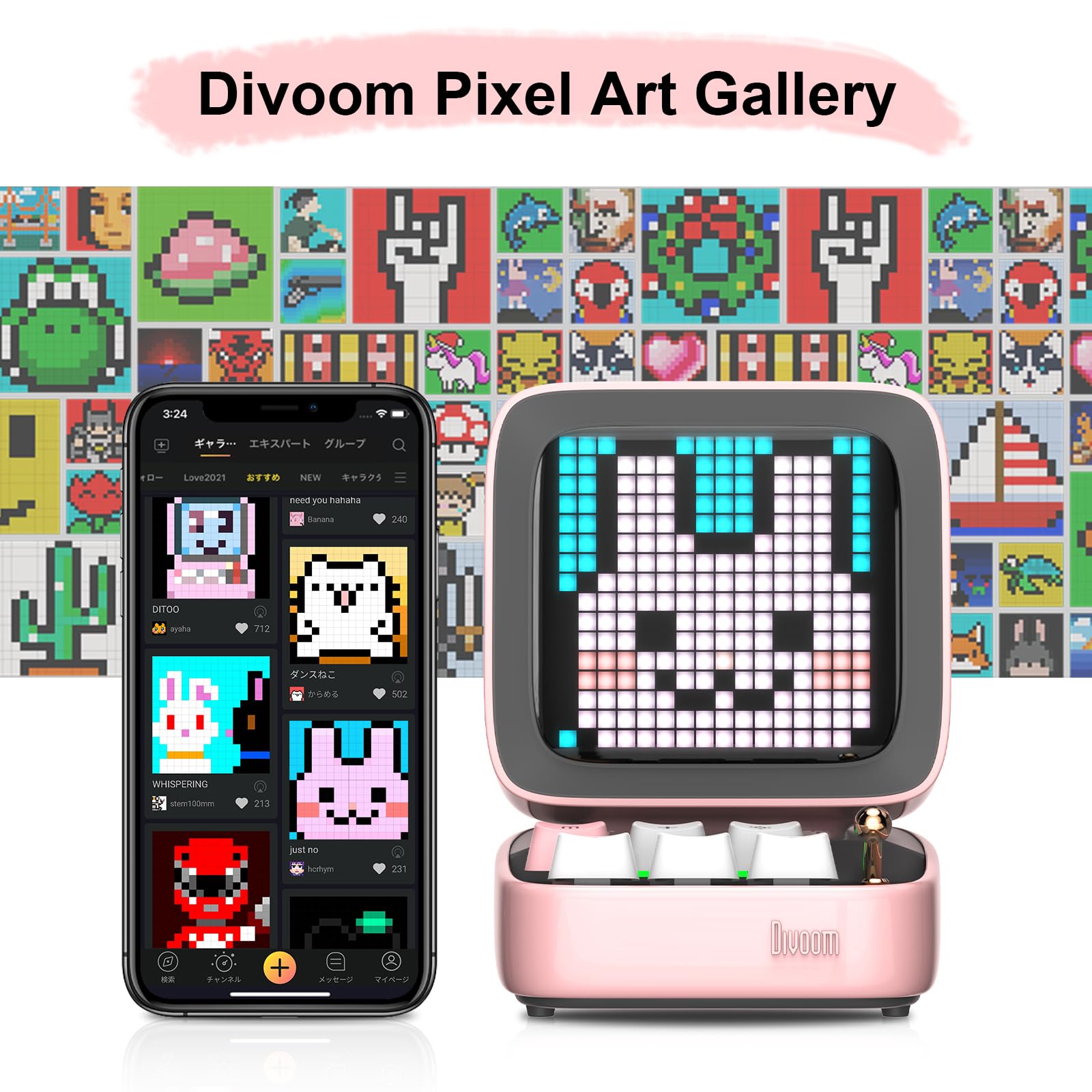 Divoom Ditoo Retro Pixel Art Game Bluetooth Speaker With 16X16 Led App Controlled Front Screen (Pink)