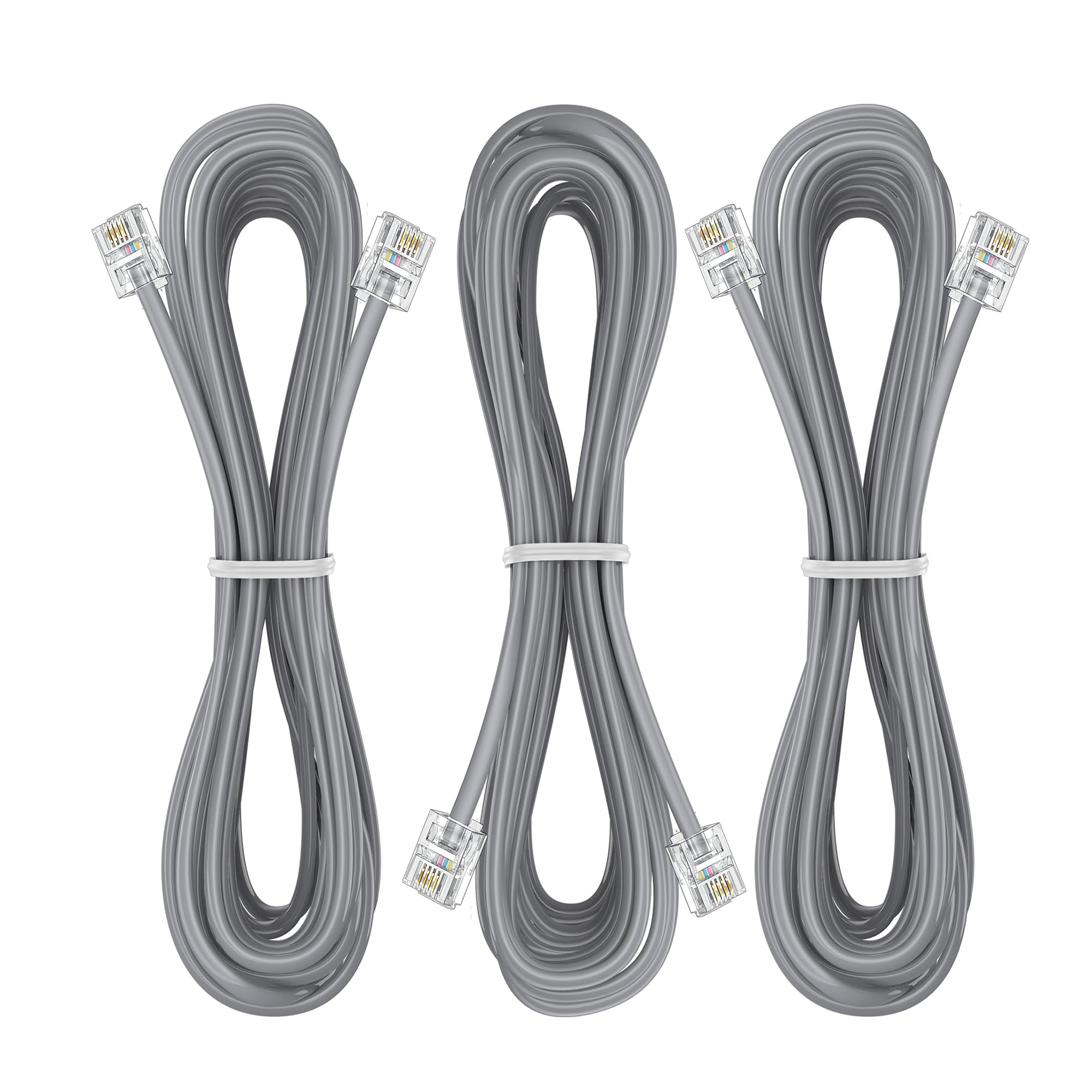 Ubramac 3Pack Phone Telephone Extension Cord 10Ft Cable Line With Standard Rj11 6P4C Plugs For Landline Phone And Fax (10F, Silv