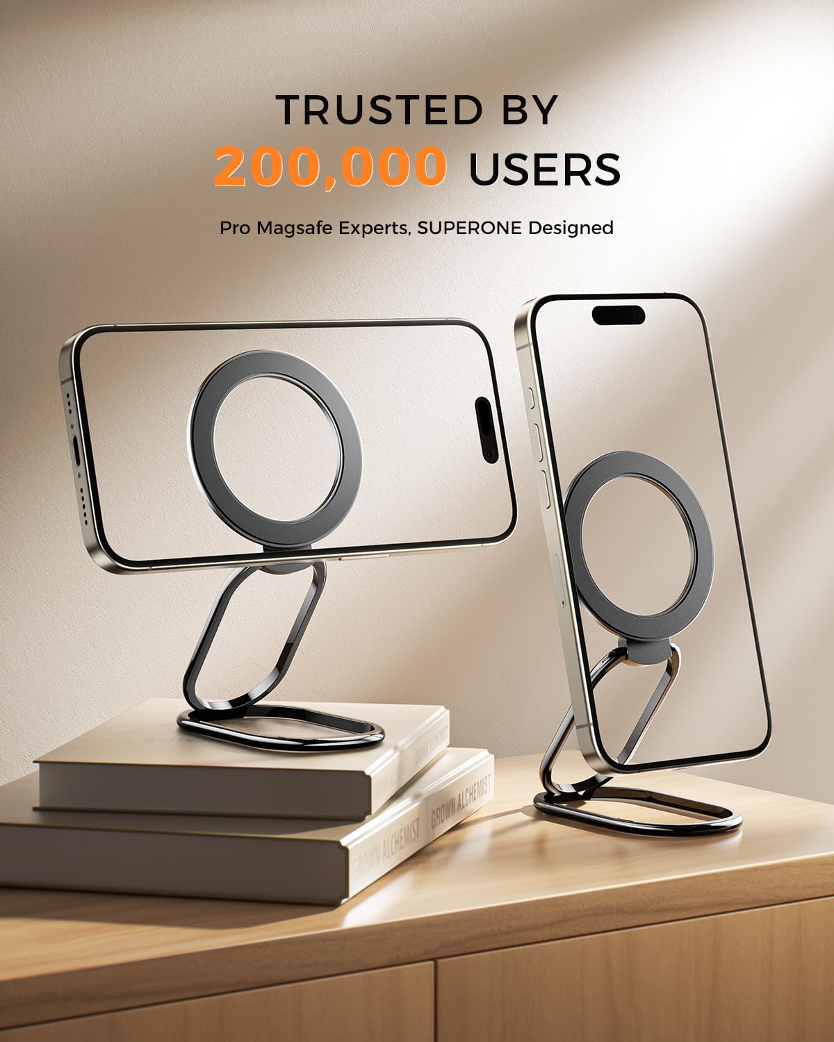 Superone ?2024 Upgraded? Mag Safe Phone Ring Holder, Adjustable Magnetic Kickstand & Removable Phone Grip Compatible With Wireless Charging Only For Iphone 15 & 14 & 13 & 12 Series   Black