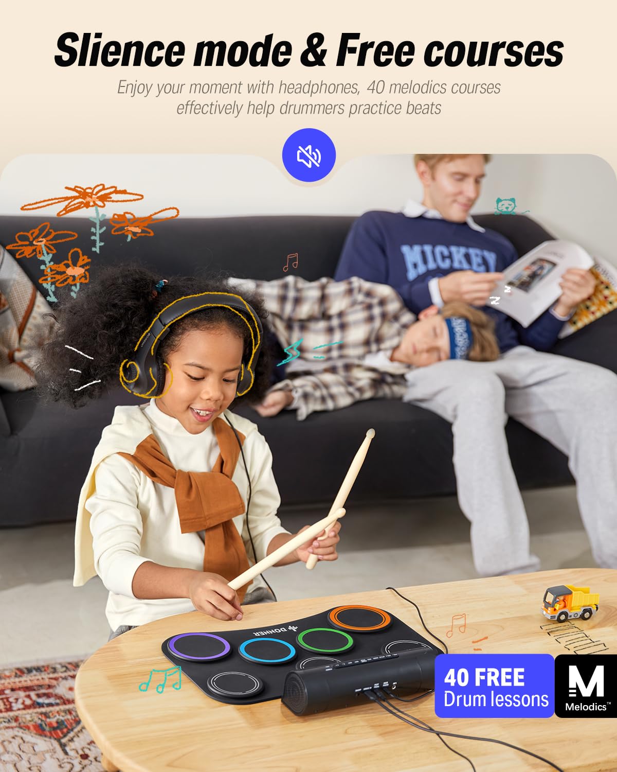 Donner Electric Drum Set Upgrated, 7 Pads Electronic Drum Pad Roll Up Quiet Drum Pad Built In Speaker, 40 Drum Lessons Included,