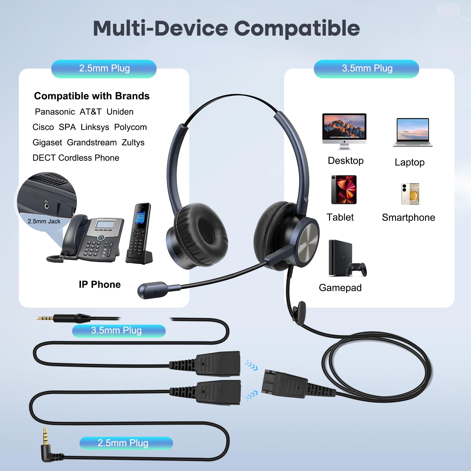 Phone Headset With 2.5Mm & 3.5Mm Connector For Deskphone Cell Phone Pc Laptop, Callcenter Office Headset With Microphone Noise C