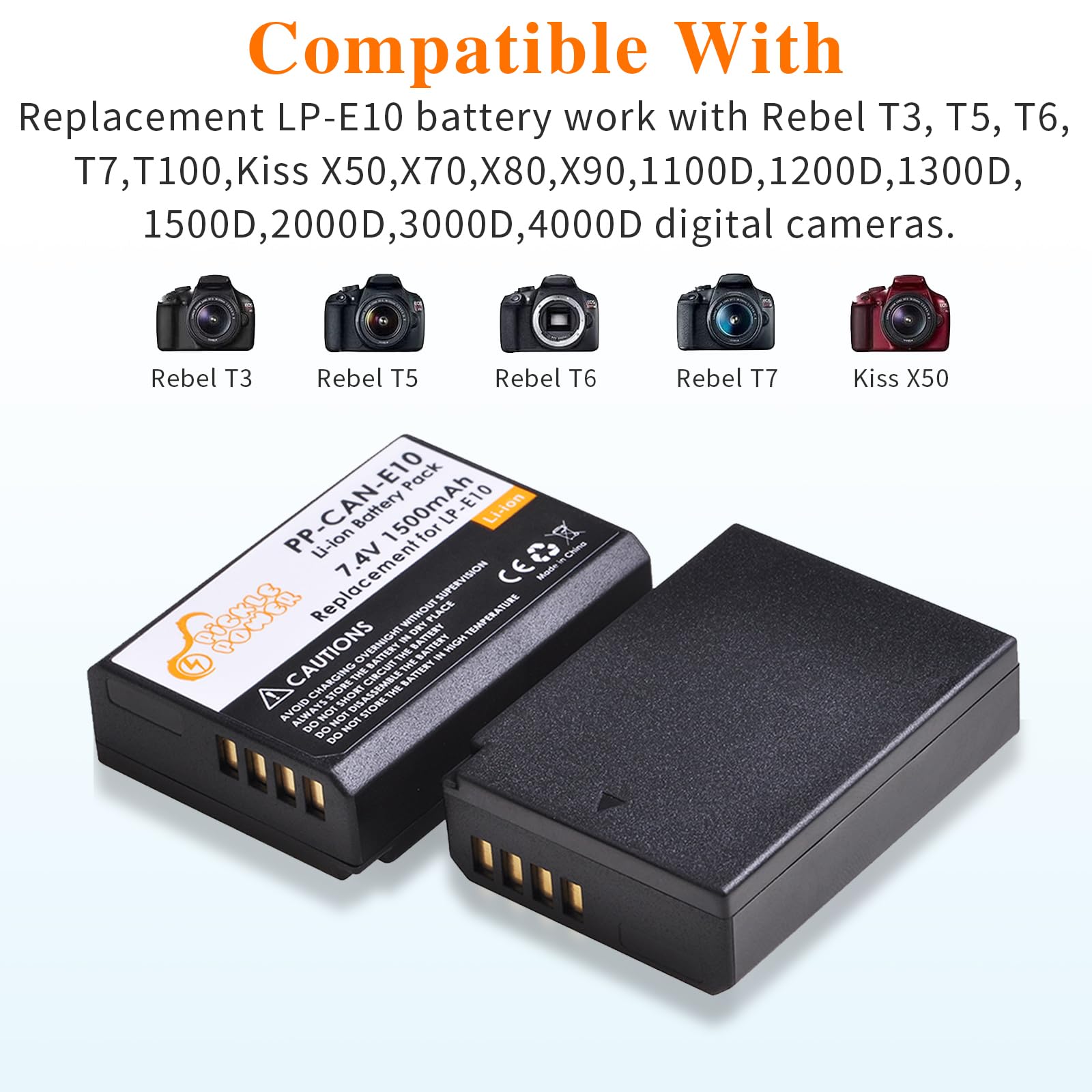 Pickle Power Lp E10 Battery And Led Usb Dual Charger For Canon Eos Rebel T7 T6 T5 T3 T100, Eos 2000D, 3000D, 4000D, 1200D 1100D