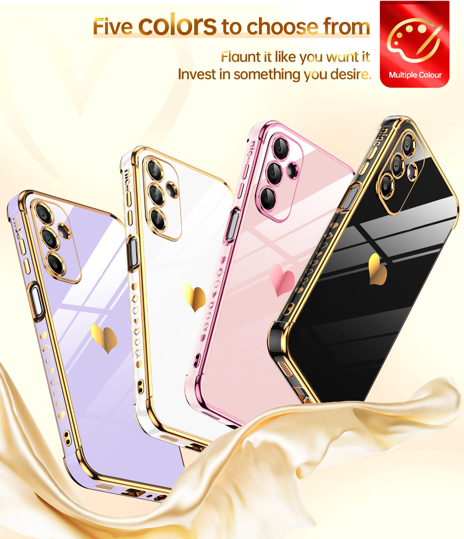Leyi For Galaxy A15 5G Case: With Tempered Glass Screen Protector [2 Pcs]+ Full Camera Lens Protection, Love Heart Plating Women