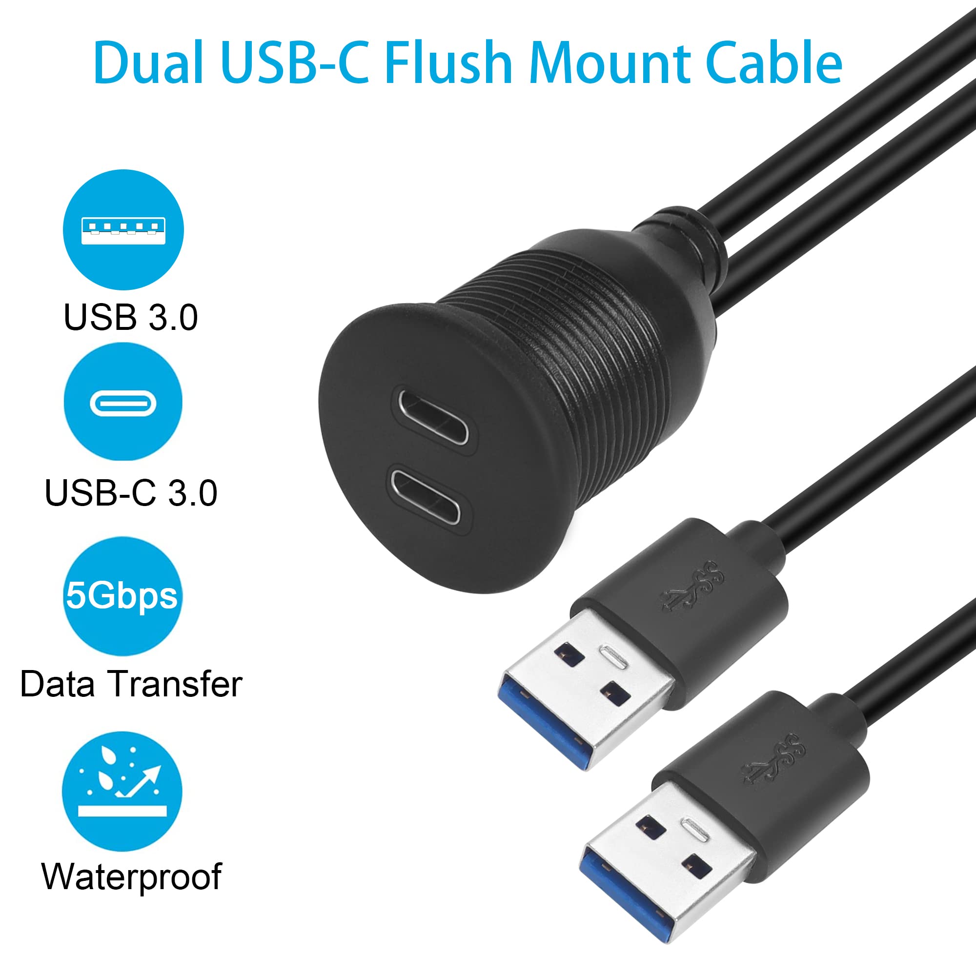 Qianrenon Dual Usb C To Usb 3.0 Threaded Flush Mount Waterproof Cable Adapter, 2 Usb 3.0 Male To 2 Usb C Female Panel Mount Exte
