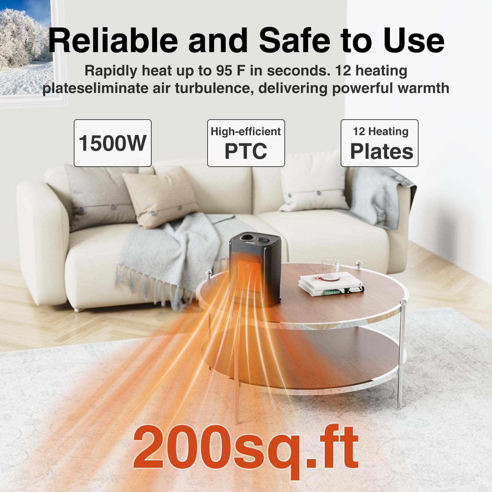 Jndro Portable Electric Space Heater   1500W/750W Safe And Quiet Ceramic Mini Heater Fan With Thermostat, Heat Up 200 Square Fee