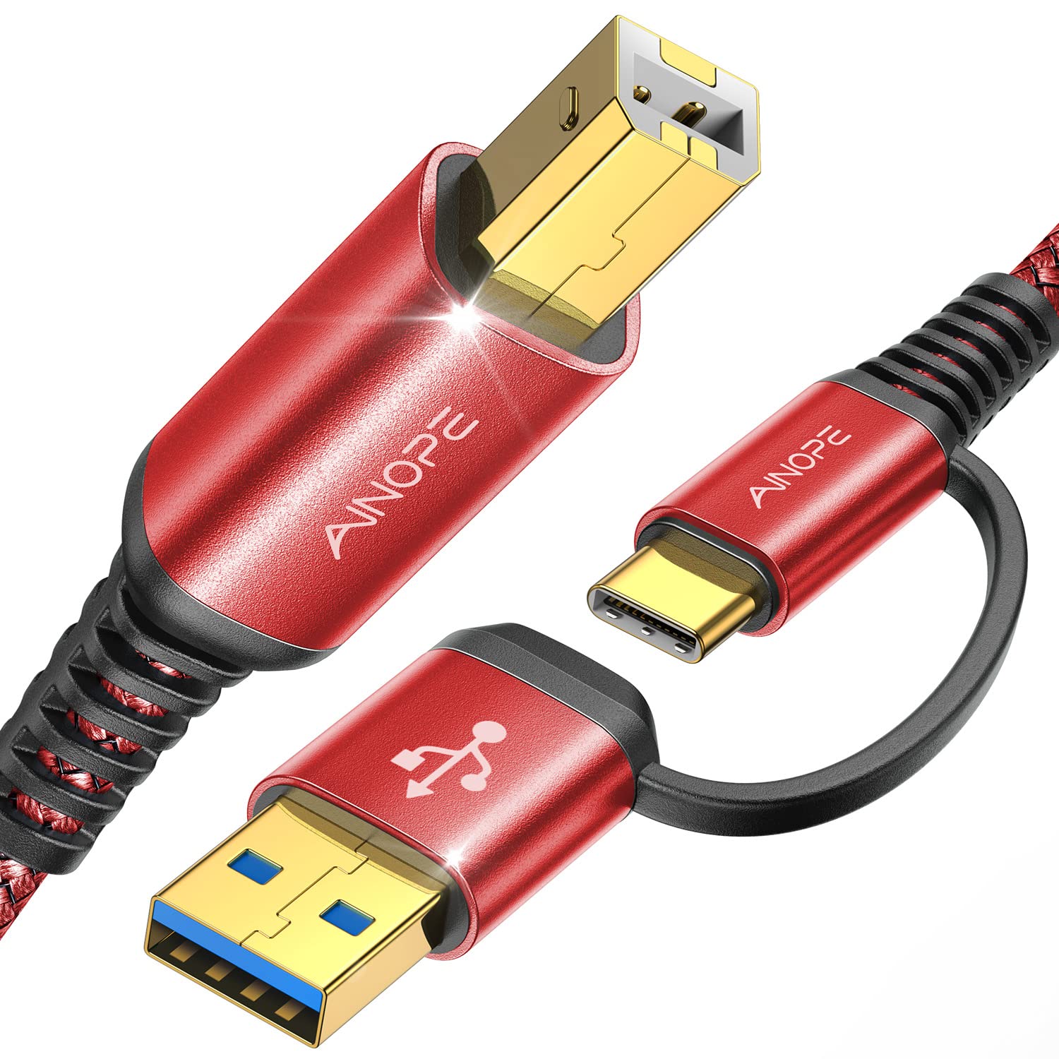 Ainope 2 In 1 Usb Printer Cable High Speed [6.6Ft Red] Usb B To Usb C Printer Cord For Macbook Pro/Air, Hp Canon Dell Epson Brot