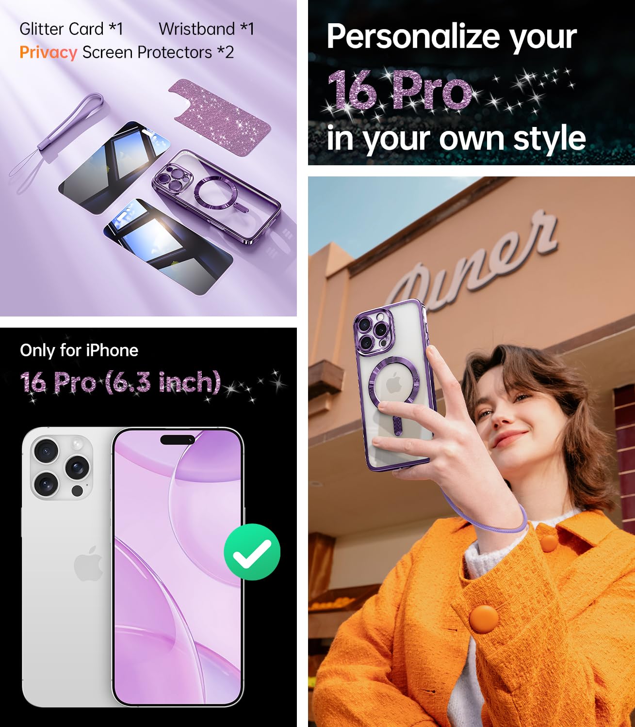 Meifigno Designed For Iphone 16 Pro Case 6.3'', [Glitter Card & Wrist Strap] [Compatible With Magsafe] [2X Privacy Screen Protec