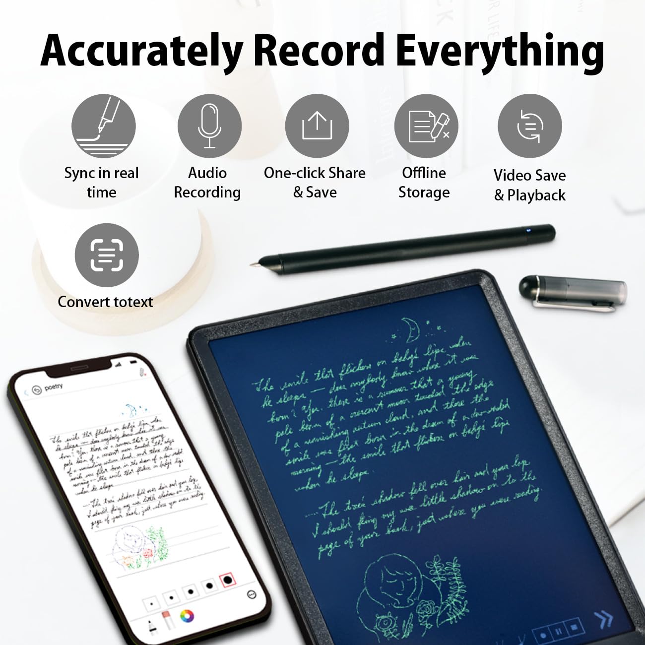 Smart Pen + Writing Board Set, Smartpen Real Time Sync For Digitizing, Storing, And Sharing Paper Notes, Use With Ophaya Pro+ Ap