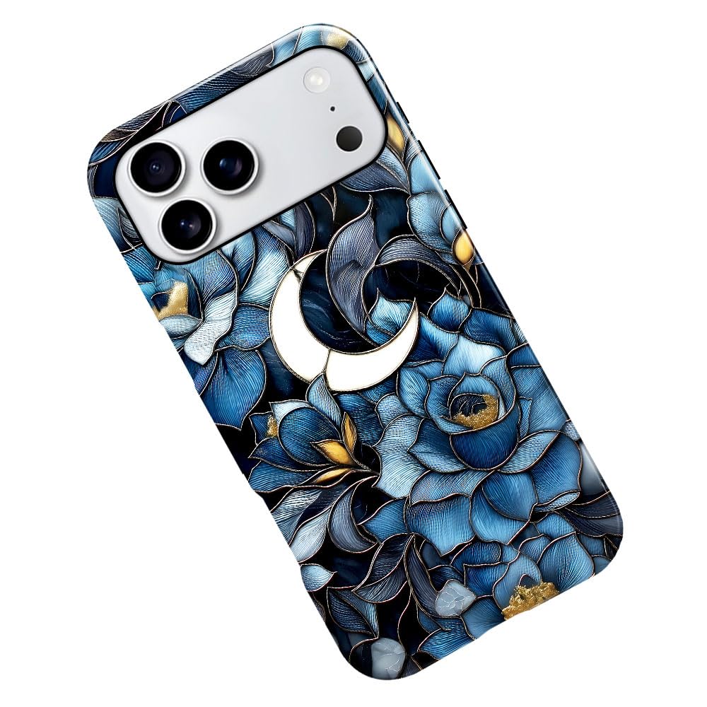 Case for iPhone 17 Pro Max,Stained Glass Floral and Moon Phone Case Military-Grade Drop Protection Cover for Women Girl - Glossy