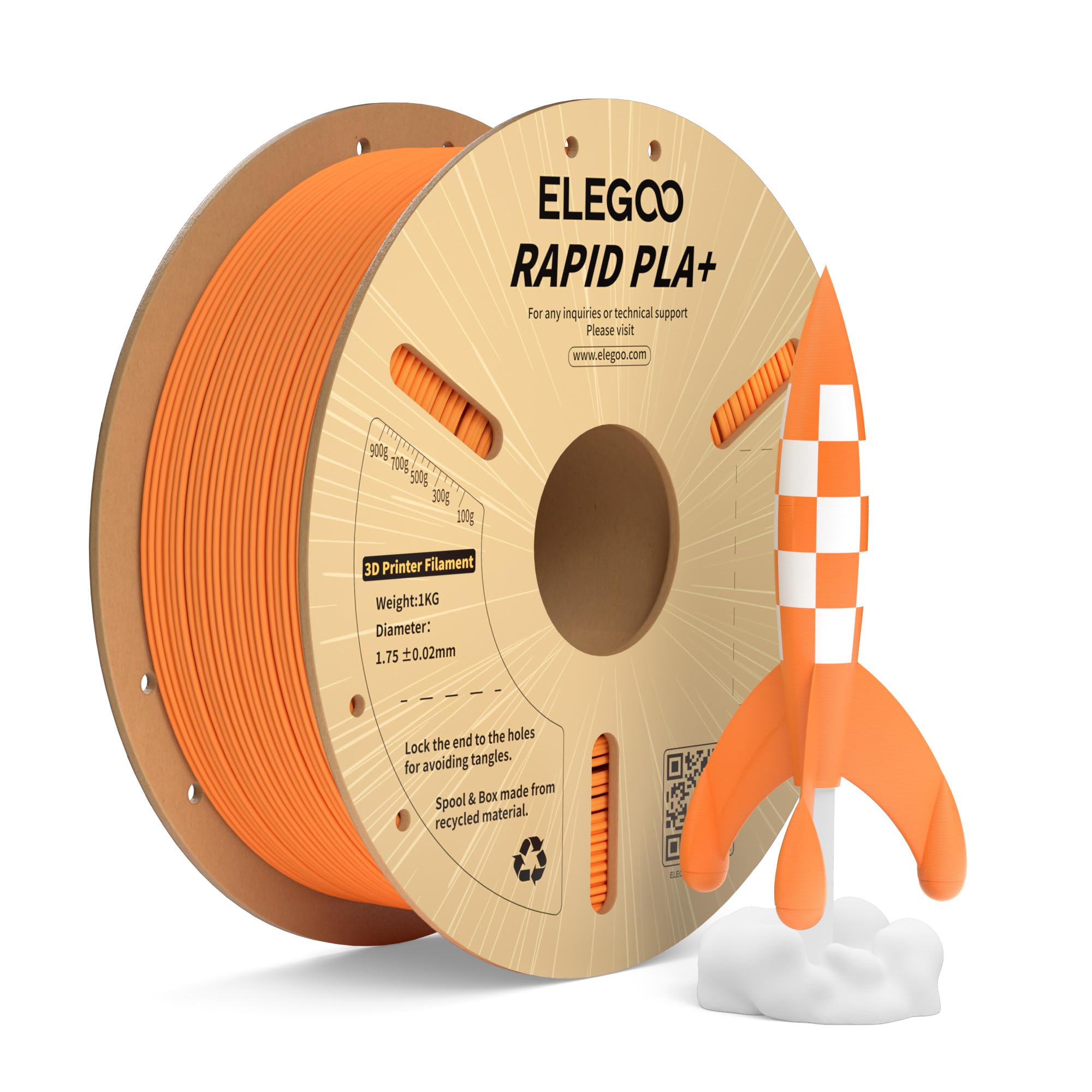 ELEGOO Rapid PLA Plus Filament 1.75mm Orange 1KG, PLA+ 3D Printer Filament for 600 mm/s High Speed Printing, Dimensional Accurac