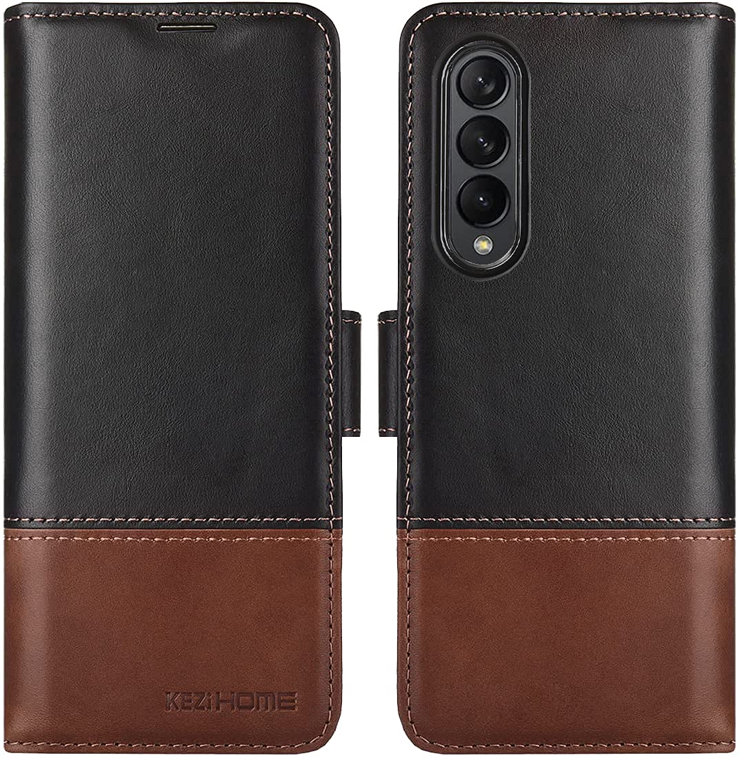 Kezihome Samsung Galaxy Z Fold 3 5G Case, Genuine Leather Galaxy Z Fold 3 Wallet Case [Rfid Blocking] With Card Slot Flip Kickst