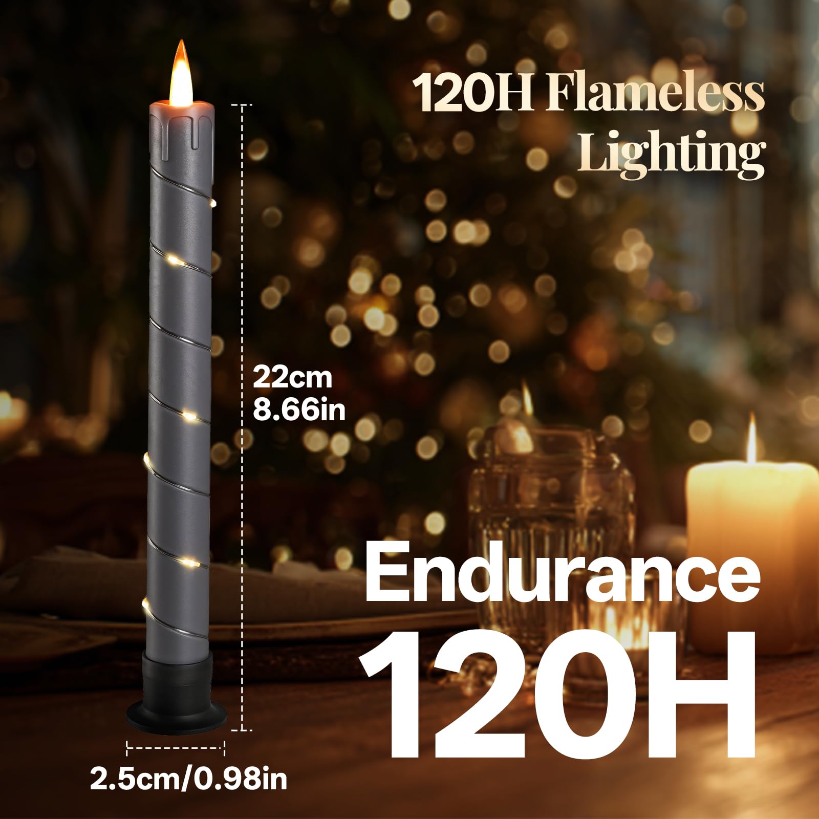 Rlojru 3Pcs Flameless Taper Candles Grey Black Battery Operated, With Embedded Fairy String Lights, Led Flickering Flame Candle,