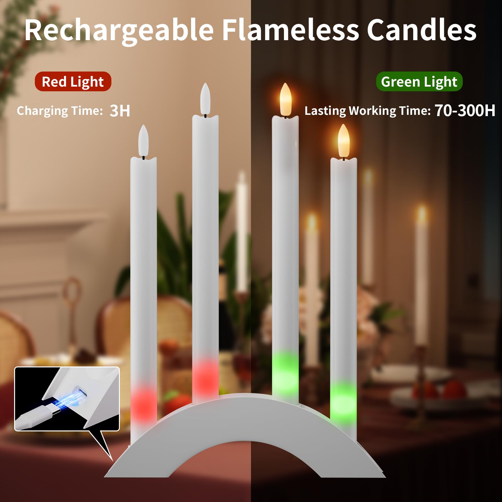 Buthy Rechargeable Flameless Taper Candles With Charging Station & Remote Timer 4Pcs Led Candlesticks Battery Operated Flickerin