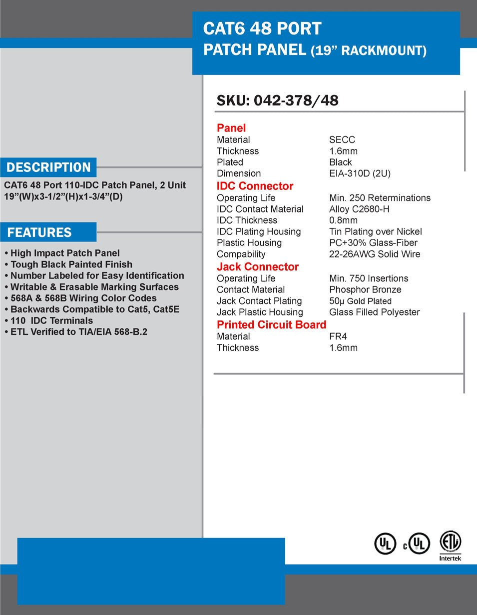Vertical Cable Cat6 48 Port 19'' Horizontal Rackmount 2U Patch Panel