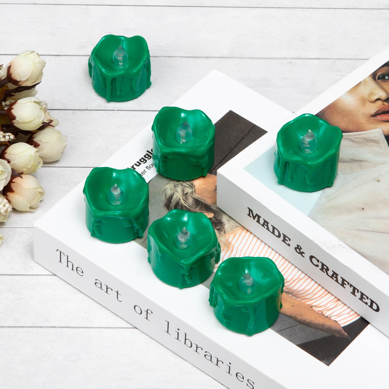 Windshell Green Flickering Flame Tealight Candles With Timer, Melting Design (Plastic), Battery Operated Led Flameless Tea Light