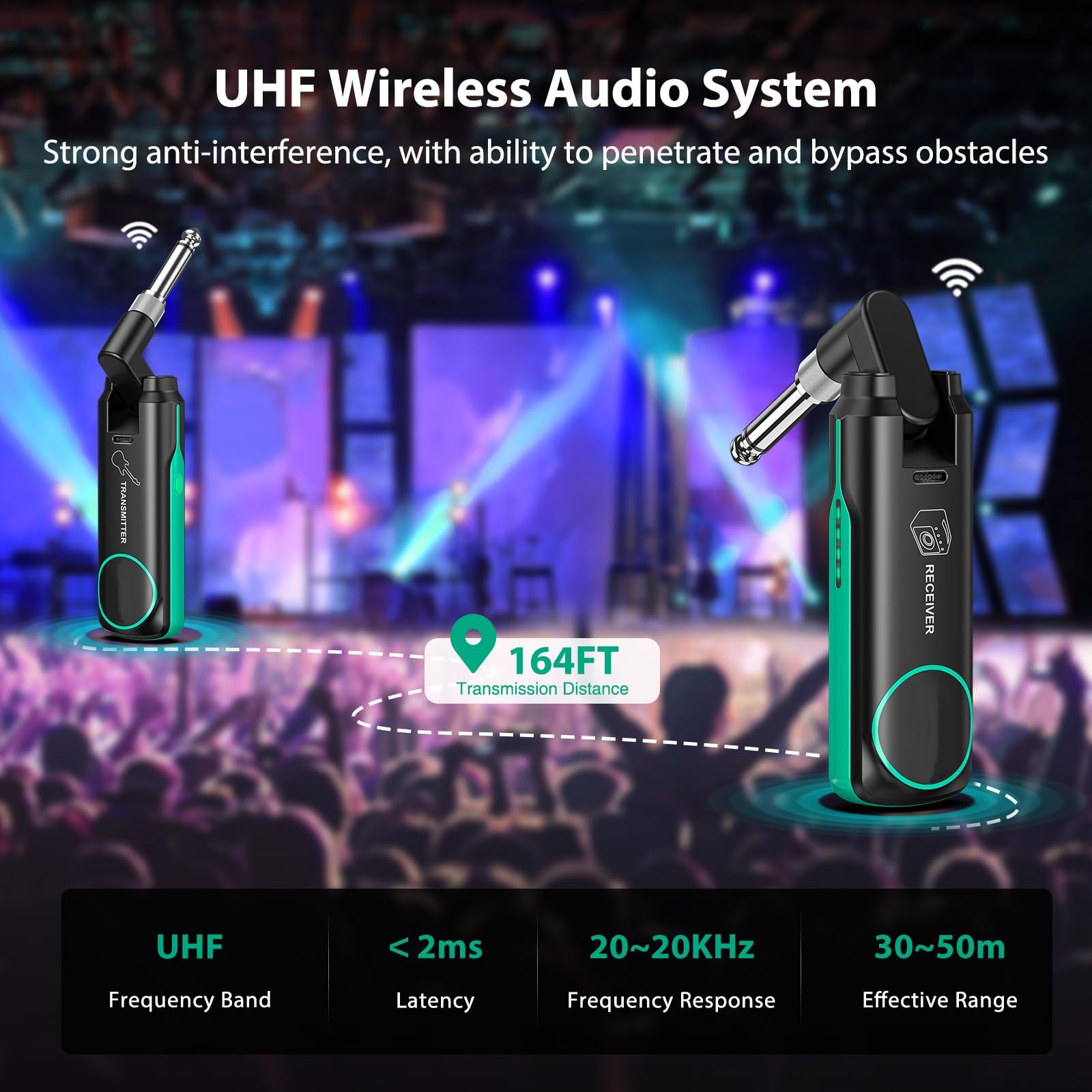 Pogolab Uhf Wireless Guitar System, Rechargeable Wireless Guitar Transmitter Receiver, 6.35Mm & 3.5Mm 2 In 1 Plug, 10 Channels D