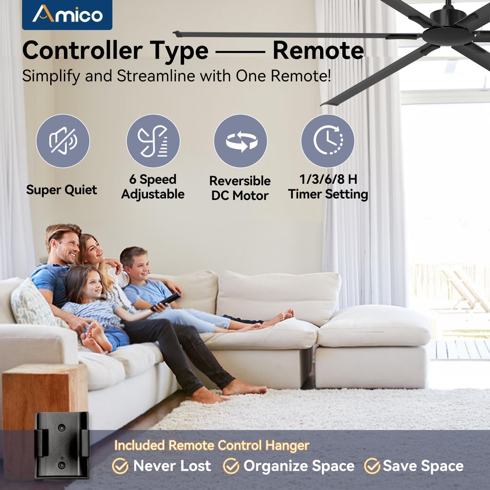 Amico 84 Inch Industrial Ceiling Fans Without Lights, Indoor/Outdoor Ceiling Fan With Remote Control, Reversible, 6 Blades, Nois