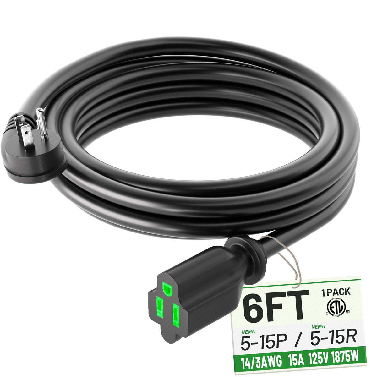 Powgrn 6 Foot Flat Plug Extension Cord Black, 14/3 Gauge Indoor Short Extension Cable, 15A 1875W 125V 14Awg, 3 Prong Low Profile