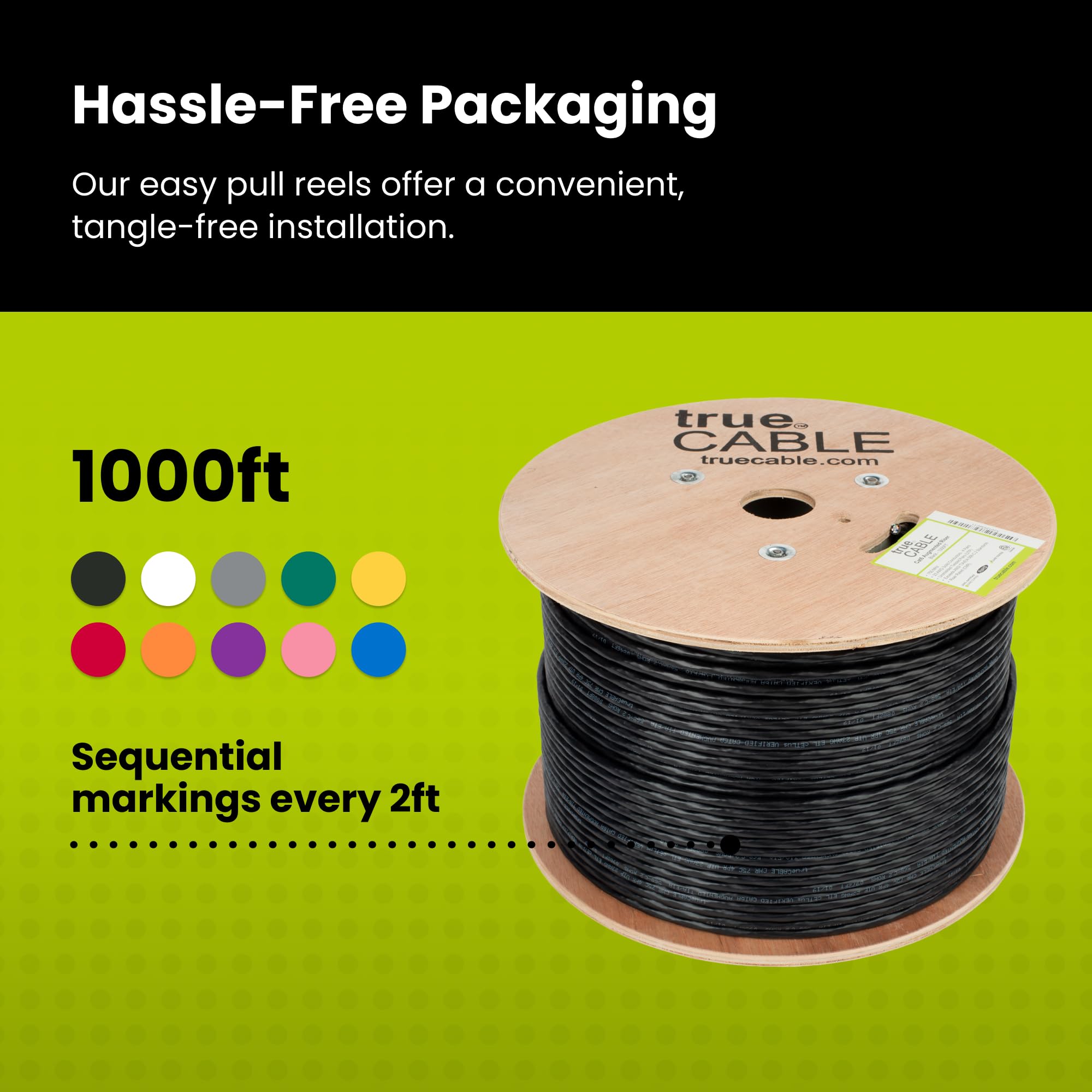 Truecable Cat6A Riser (Cmr), 1000Ft, Black, 23Awg 4 Pair Solid Bare Copper, 750Mhz, Poe++ (4Ppoe), Etl Listed, Unshielded Twisted Pair (Utp), Bulk Ethernet Cable