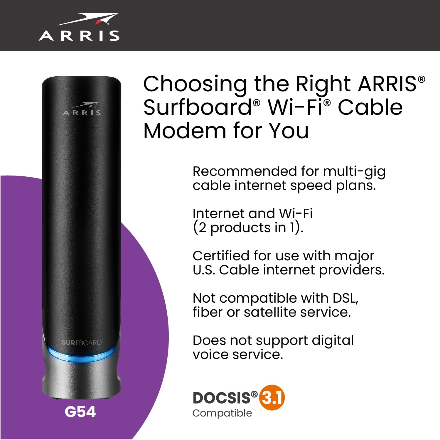 Arris (G54)   Cable Modem Router Combo   Fast Docsis 3.1 Multi Gigabit & Be 18000 Wifi 7 Router Comcast Xfinity, Cox, Spectrum Q