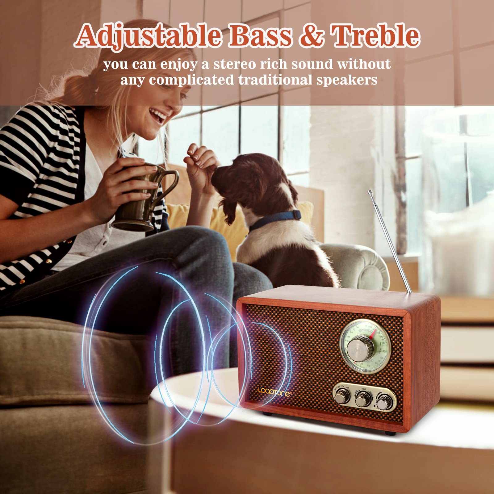 Looptone Usb Sd Multifunction Am Fm Vintage Radio With Bluetooth Speaker,Retro Wood Table Radio For Kitchen Living Room With Rot