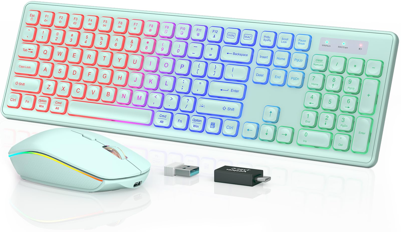 Wireless Keyboard And Mouse Combo   Rgb Backlit, Rechargeable & Light Up Letters, Full Size, Ergonomic Tilt Angle, Sleep Mode, 2.4Ghz Quiet Keyboard Mouse For Mac, Windows, Laptop, Pc, Mint Green