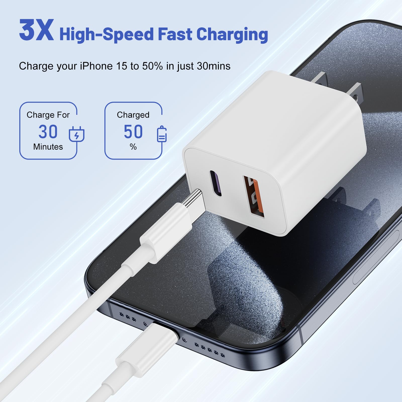For Iphone 15 Fast Charger,[Apple Mfi Certified] 2Pack Dual Port 20W Pd Power Usb C Wall Charger Adapter With 10Ft Long Usb C Fa