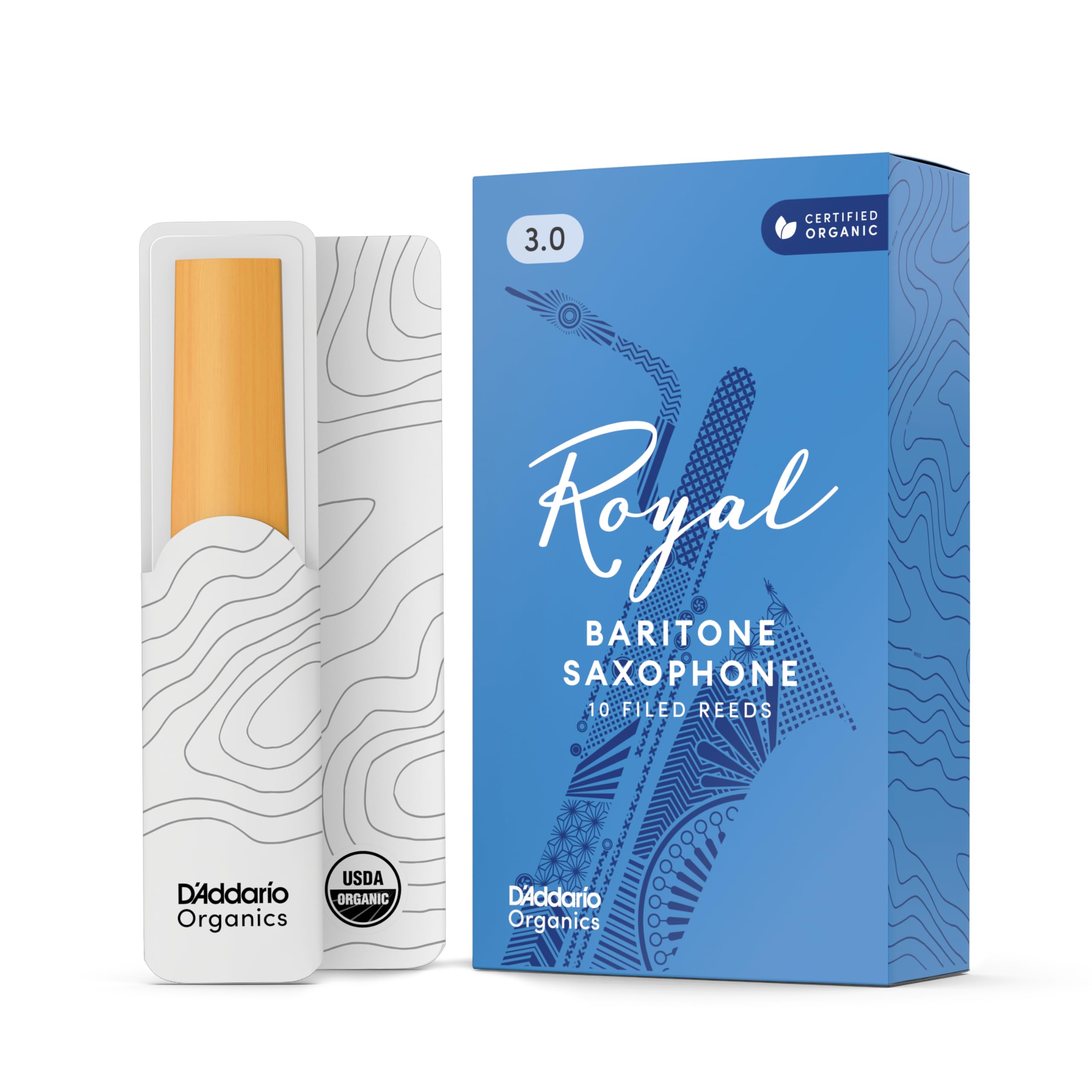 DAddario Royal Organic Baritone Saxophone Reeds, Strength 3.0, 10-Pack