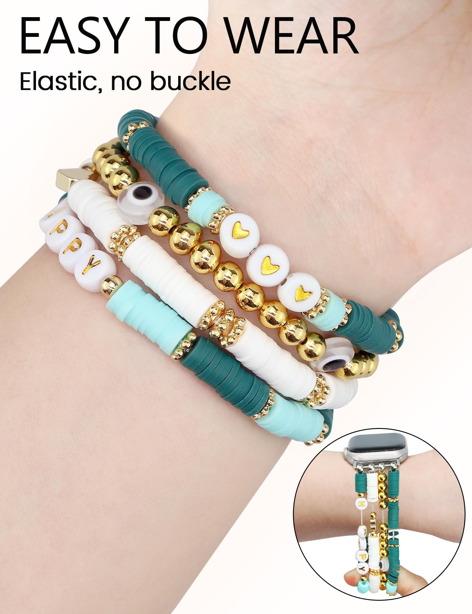 Jr.Dm Beaded Bracelet Compatible With Apple Watch 40Mm 38Mm 41Mm 42Mm For Women, Cute Preppy Green Evil Eye Jewelry Handmade Str