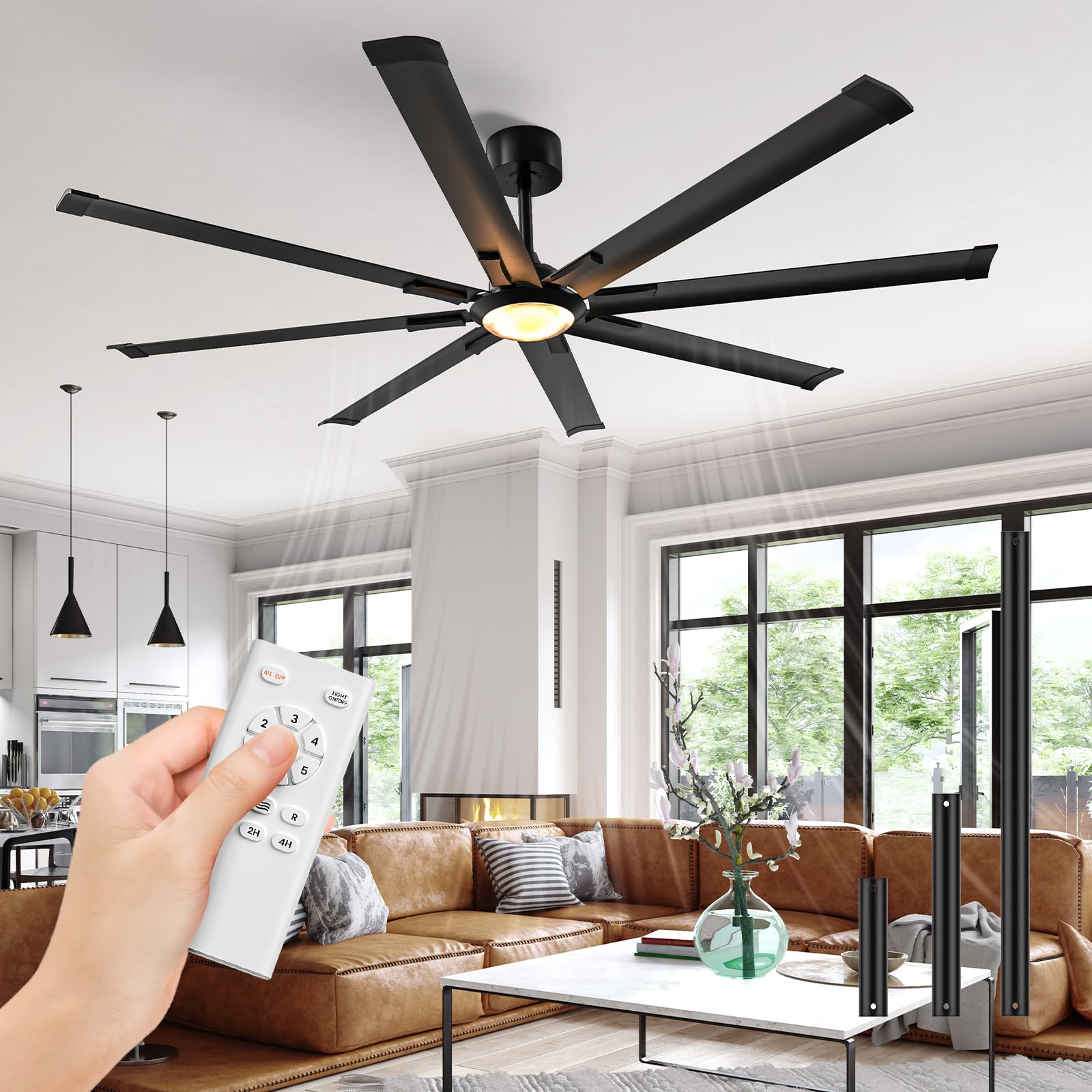 Acesal Ceiling Fans With Lights And Remote:72 Inch Indoor Outdoor Large Ceiling Fan For Living Room Patio Kitchen 8 Aluminum Bla