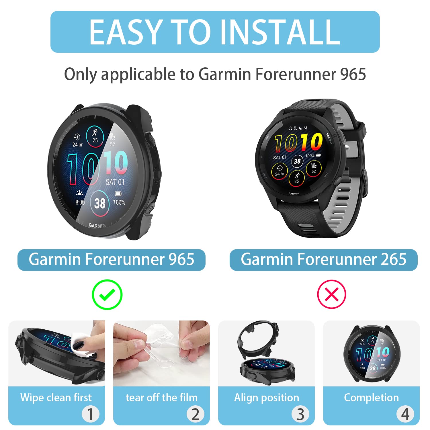 Suoman 2+6 Pack For Garmin Forerunner 965 Screen Protector Case + Charger Port Protector, Anti Dust Plugs + Tempered Glass Full