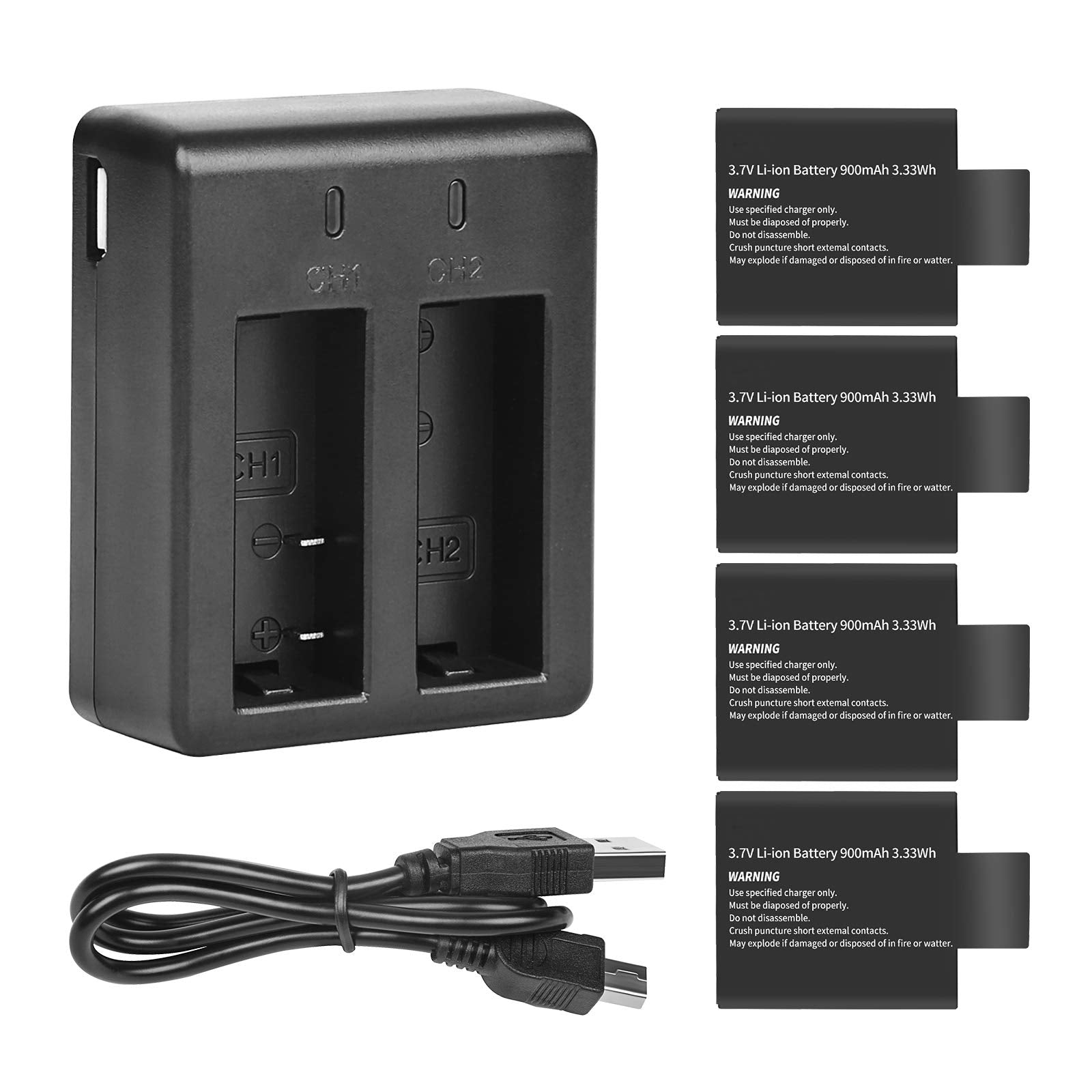 D&F Dual Battery Charger with 4 Pack Replacement Battery 3.7V 900mAh Li-ion Compatible with SJCAM SJ4000 SJ5000 SJ6000 M10 Actio