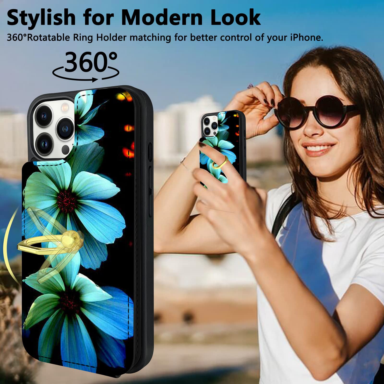 Topperfekt Compatible With Iphone 13 Pro Wallet Case With Card Holder, 360    Rotation Finger Ring Holder Kickstand Protective R