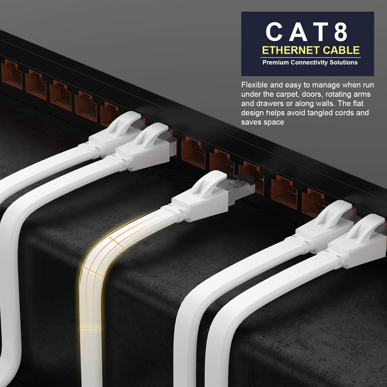 Cat8 Ethernet Cable, 6Ft, Cat 8 Flat Patch Cable With Rj45 Connector,25/40Gbps 2000Mhz Gigabit Ethernet Lan Cable, U/Ftp, Indoor& Outdoor, Compatible With Laptop, Switch, Router, Ps5, Ps4