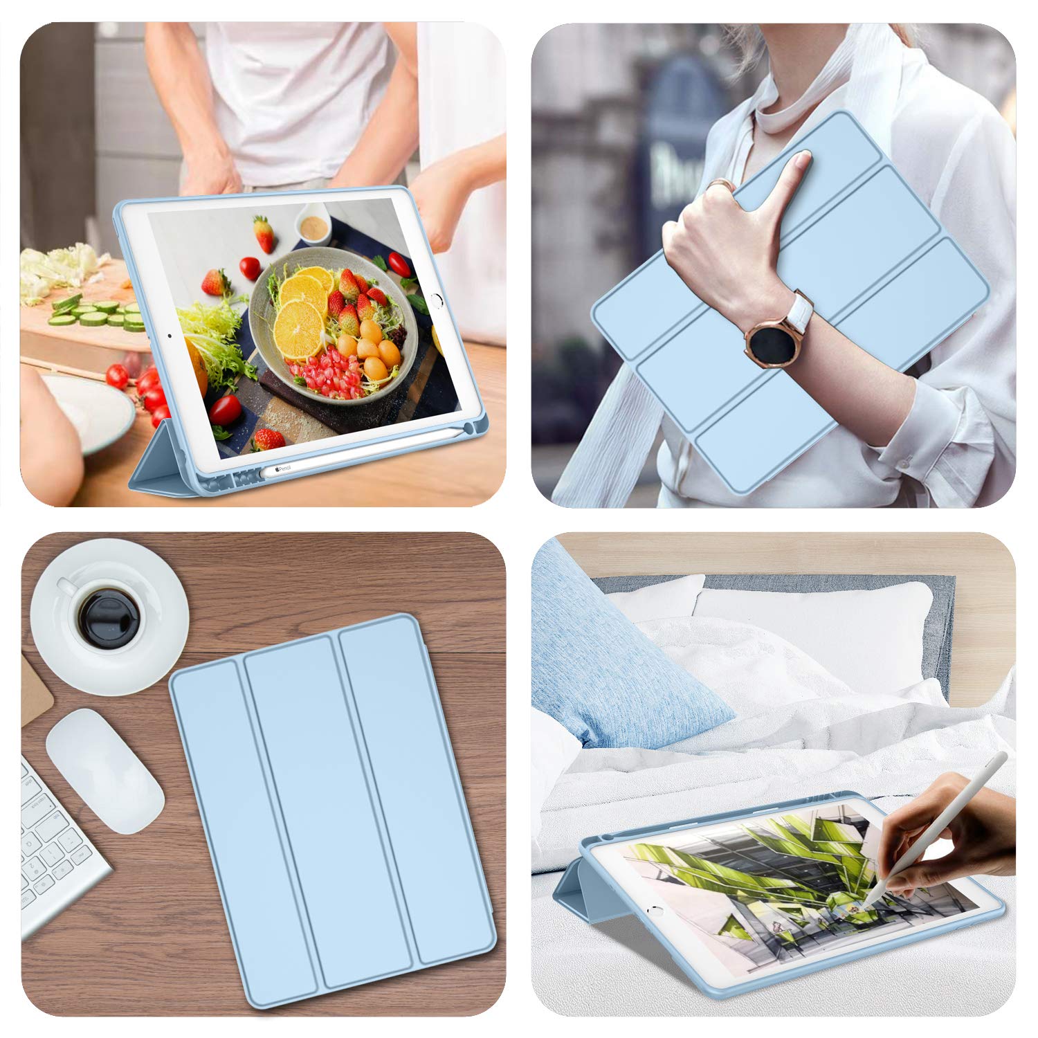 Imieet Ipad 9Th Generation Case 2021/Ipad 8Th Generation Case 2020 10.2 Inch With Pencil Holder, Ipad 7Th Gen 2019 Case With Soft Baby Skin Silicone Back, Auto Wake/Sleep Cover (Sky Blue)