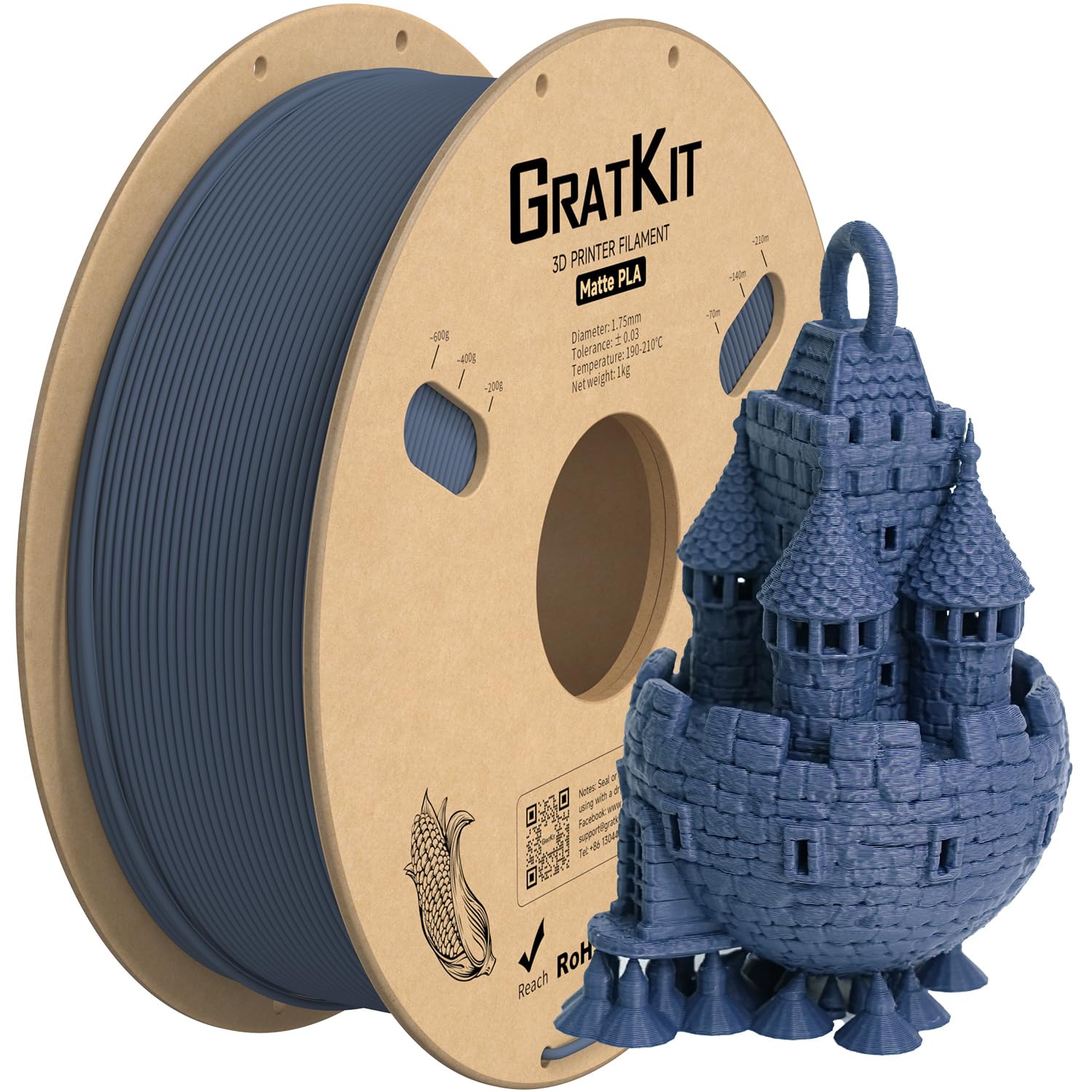 Gratkit Matte PLA Filament, 3D Printer Filament 1.75mm, +/-0.03mm, Cardboard Spool 1kg/2.2lbs, PLA Matte Navy Blue