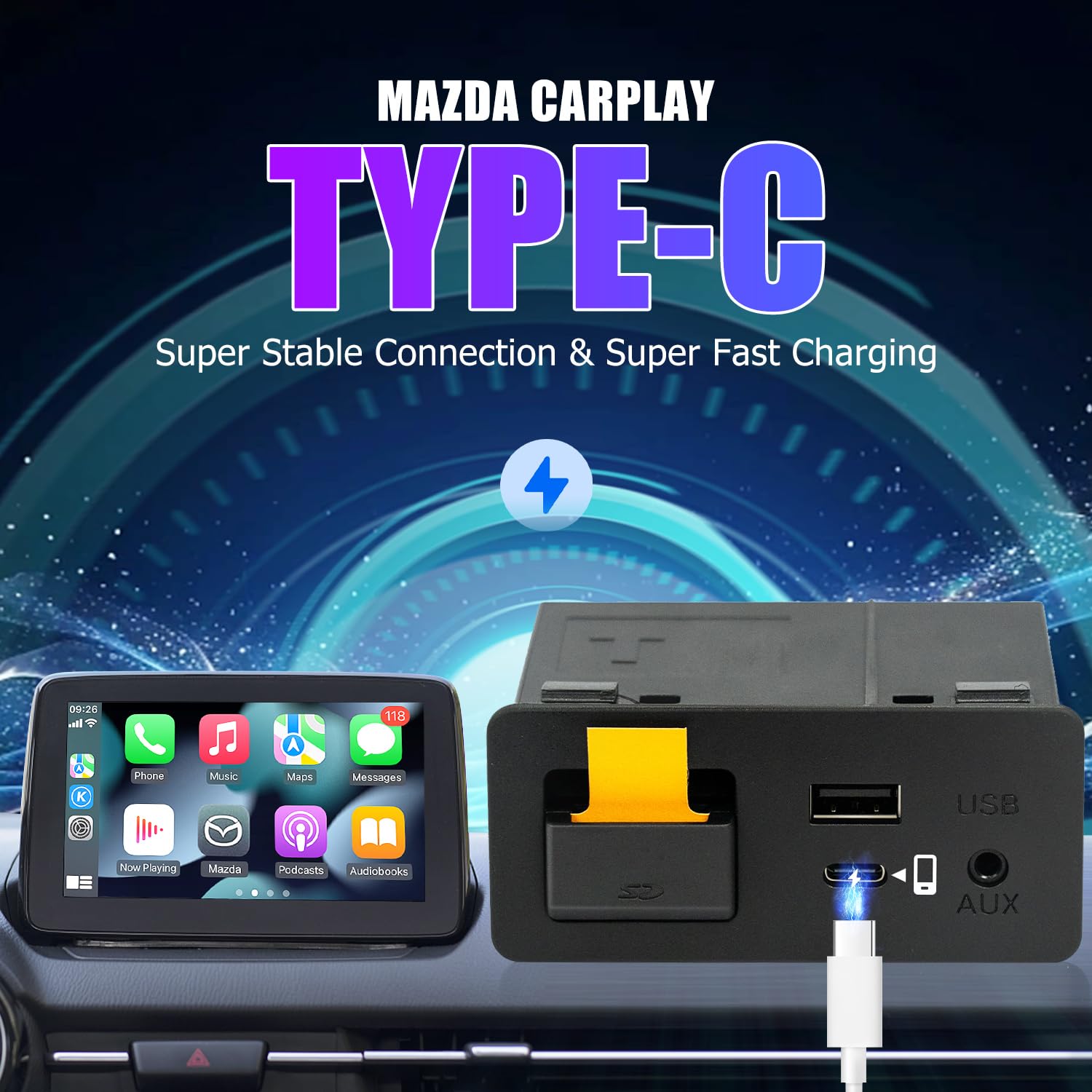 Type-C Mazda Apple Carplay & Android Auto Hub Oem Usb Retrofit Kit For Mazda 2/3/6/Cx3 Cx5/Cx8/Cx9/Mx5/Miata 2014-2019 With Mzd