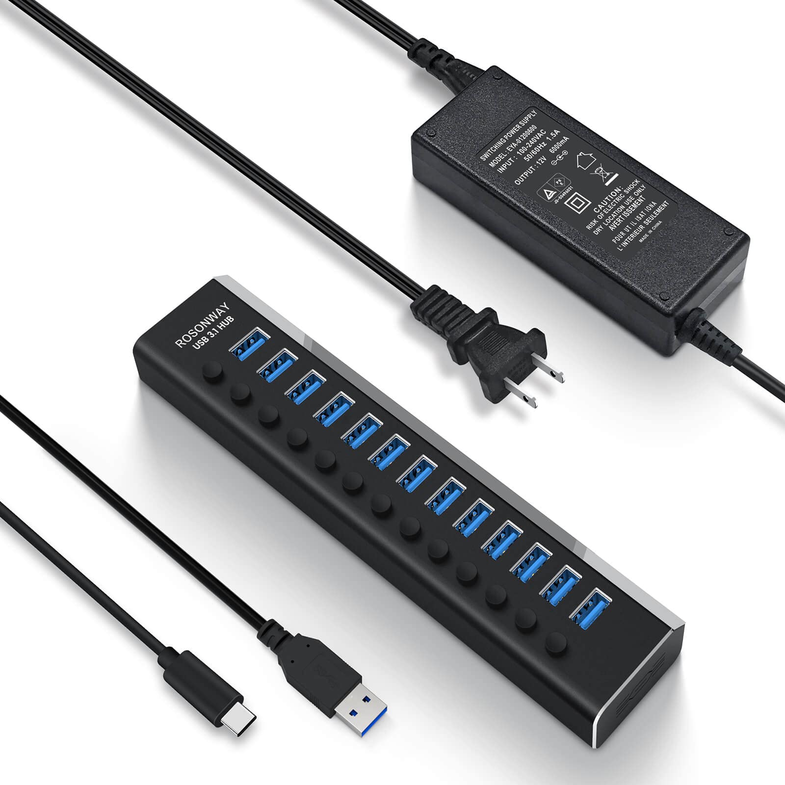 Powered Usb Hub Rosonway Aluminum 13 Port Usb 3.1/3.2 Gen 2 Hub 10Gbps With 72W (12V/6A) Power Adapter And Individual Switches, 