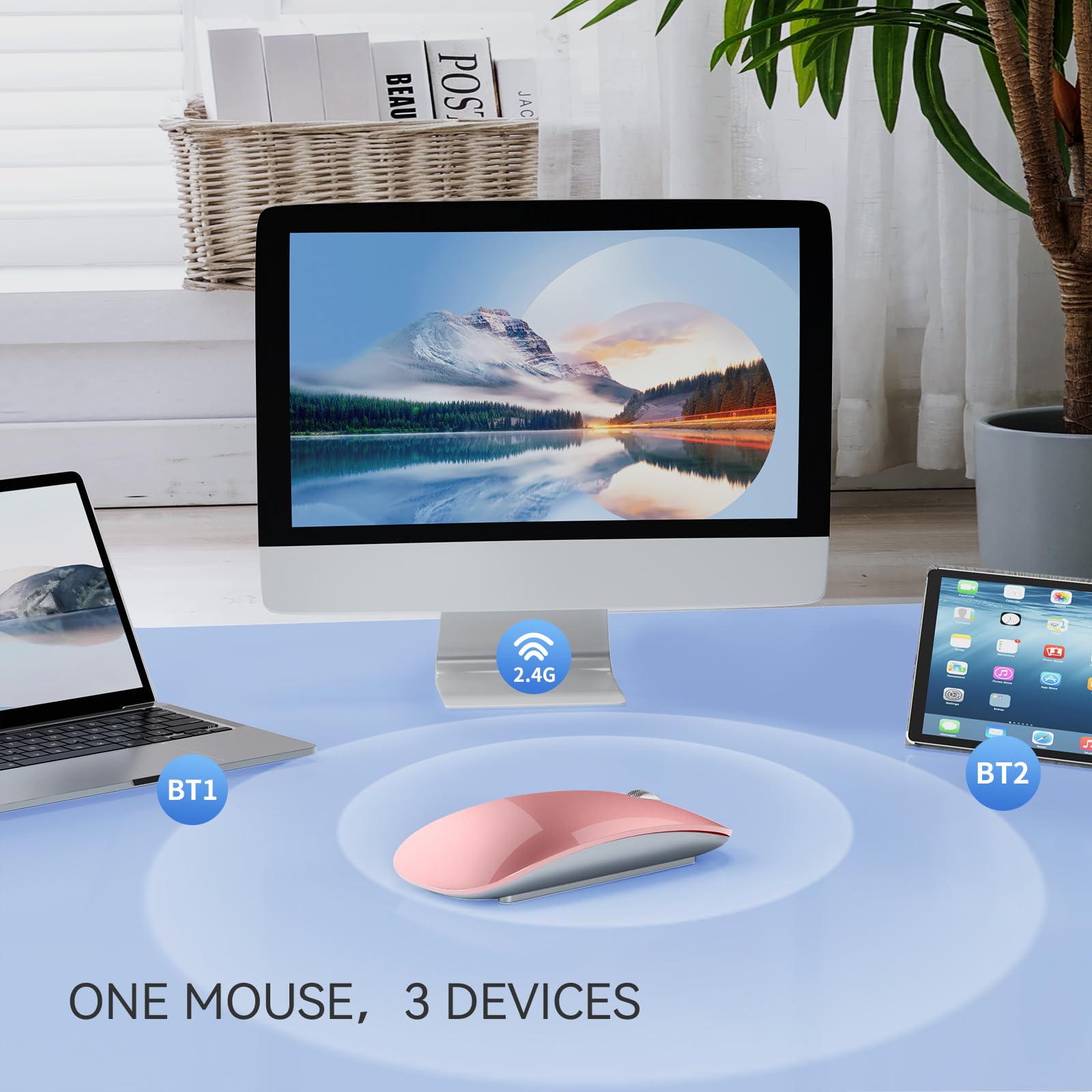 Tenmos M18 Bluetooth Mouse, Usb C Rechargeable Wireless Mouse, Triple Mode (Dual Bluetooth+Usb) Computer Silent Mice Portable With Usb Receiver Type C Adapter For Laptop/Macbook/Ipad/Pc  Rose Gold