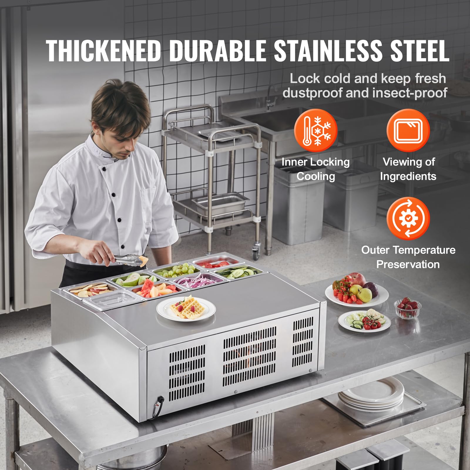 Vevor Chilled Topping Server, 140W Counter Cooler For Condiments, Includes Eight 1/6 Pans, Constructed From 304 Stainless Steel