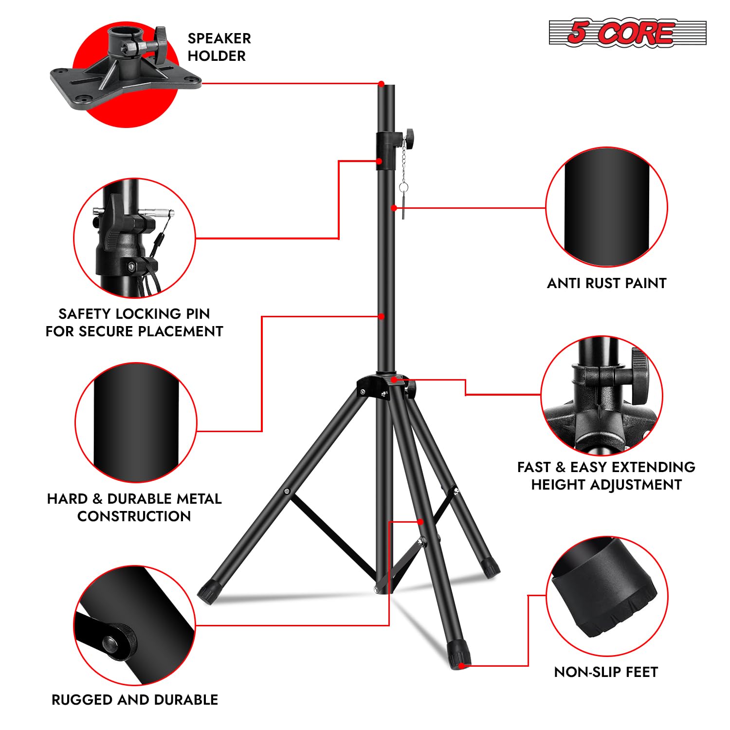 5 Core Adjustable Speaker Stand Pair Tripod Height 40 To 72 Inches Max Load 100 Lbs Heavy Duty Portable Pa Dj Studio Monitor Mou