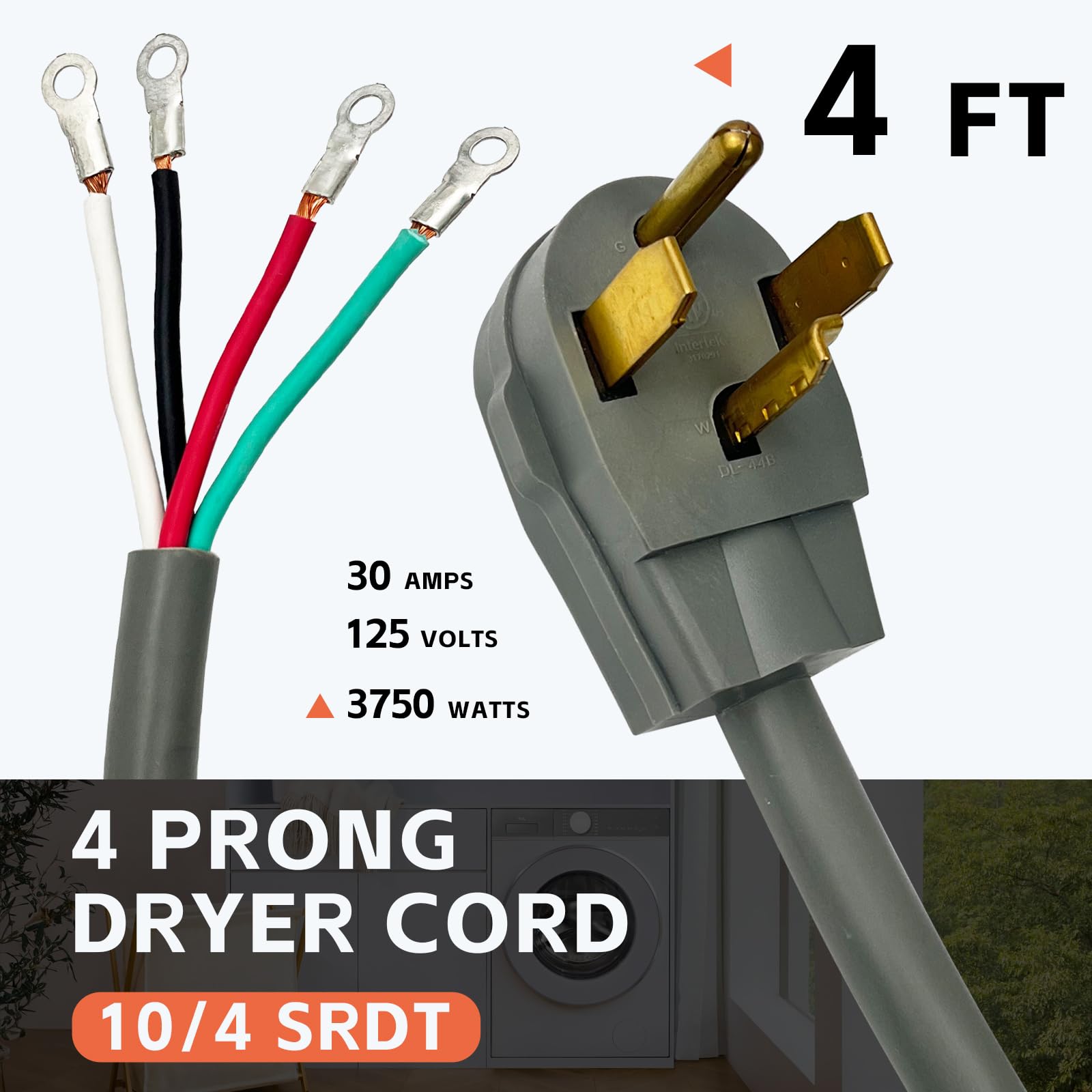 Greatide 4 Prong Dryer Cord, 4 Ft 10/4 Srdt, 30 Amp Appliance Extension Power Cord, Nema 14 30, Grey