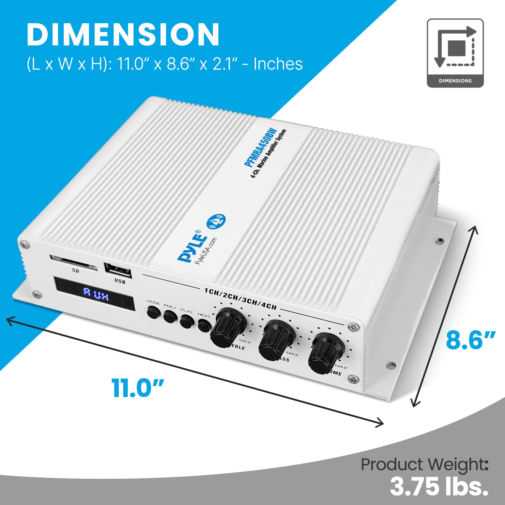 Pyle 4 Channel Bluetooth Marine Amplifier   Compact Power 400 Watt Rms 4 Ohm Full Range Monoblock Stereo & Waterproof   Wireless