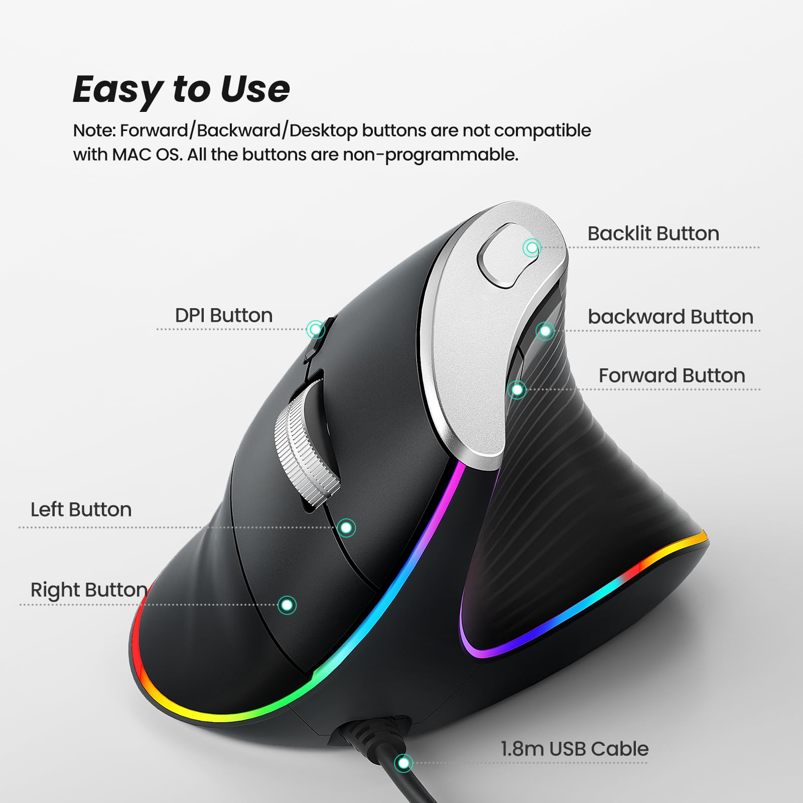 Nulea M504 Wired Vertical Mouse, Usb Optical Ergonomic Mouse Wired With 4 Adjustable Dpi, 11 Rgb Backlight Modes, Compatible For