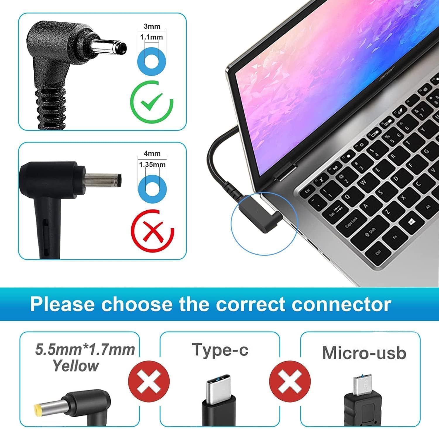 65W Laptop Charger For Acer Aspire 1 3 Go 15 A115 32 A315 24P A315 24Pt A315 58 A315 59 A315 23 A314 23P Ag15 31P:A115 32 C96U A314 23P R3Qa A315 24P R7Vh 24Pt R0Ux 24Pt R90Z A315 58 33Xs 58 350L