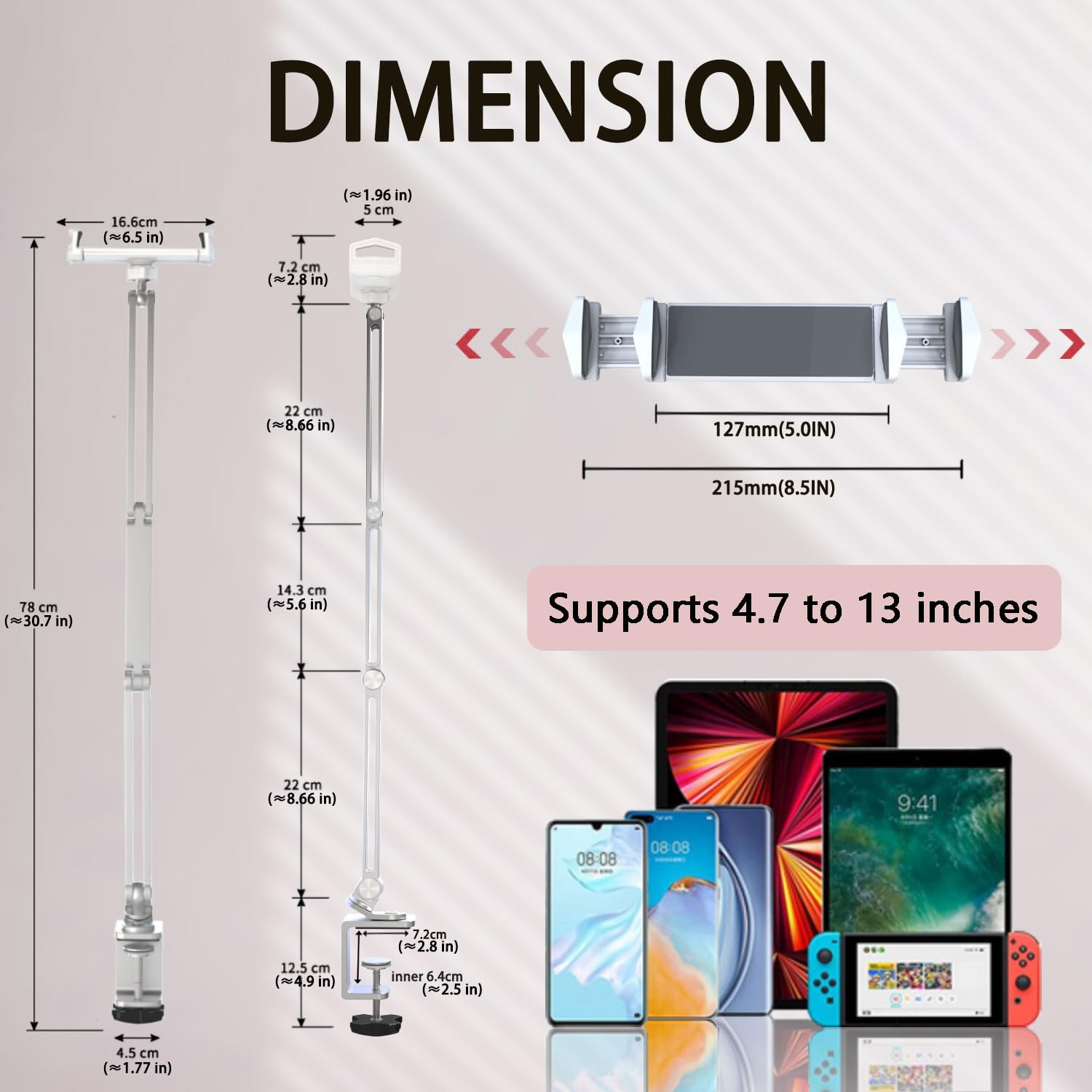 Kabcon Tablet Stand,Tablet Holder Mount With Grip Extended Long Arm,Tablet Bed Desk Mount Compatible With Ipad Pro Mini Air,Galaxy Tabs,Microsoft Surface Pro Go,Kindle Fire,4 13''Cell Phones & Tablets